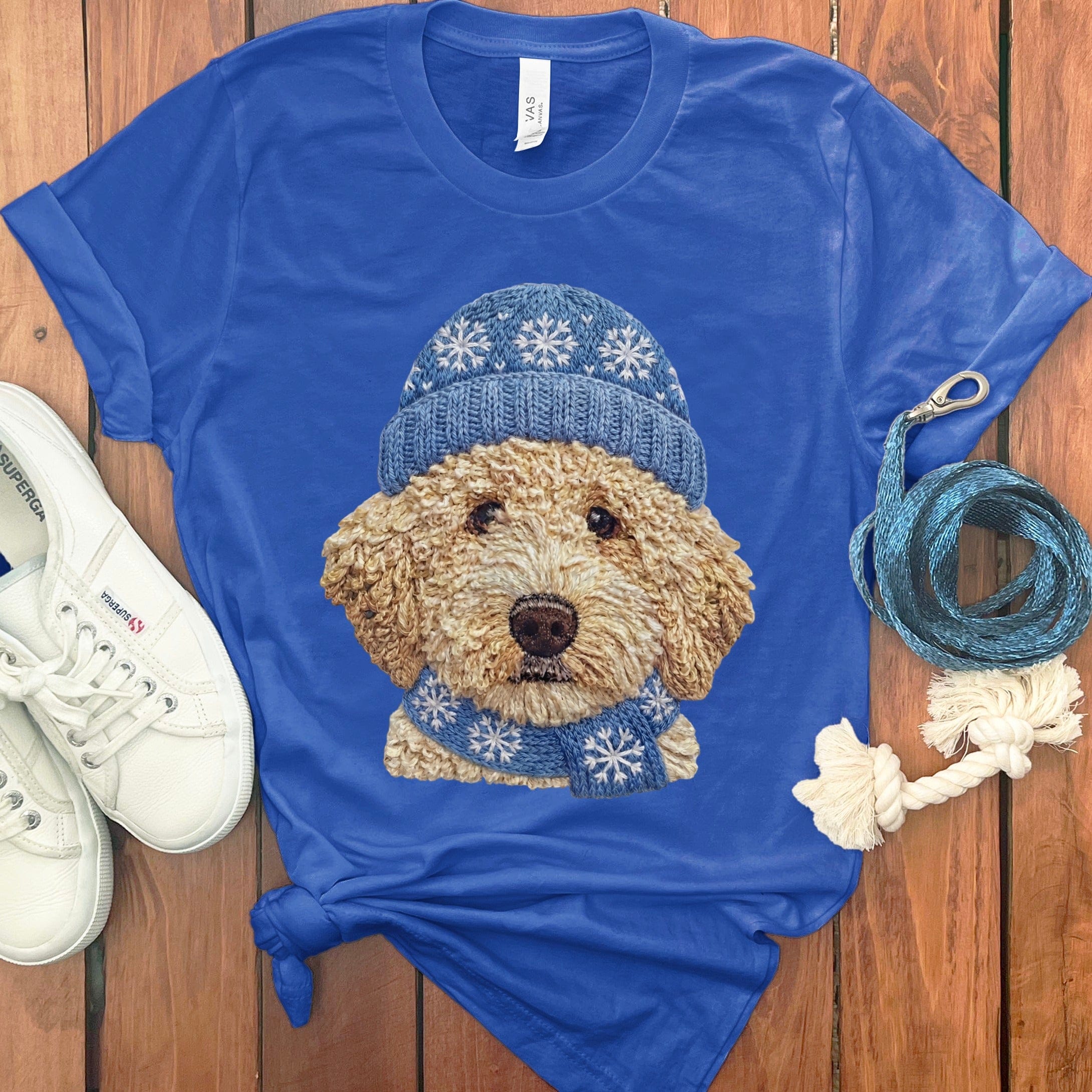 Winter Vibes Cream Goldendoodle T-Shirt in True Royal / S by Puppy Jo