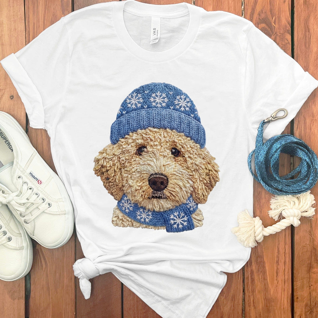 Winter Vibes Cream Goldendoodle T-Shirt in White / S by Puppy Jo