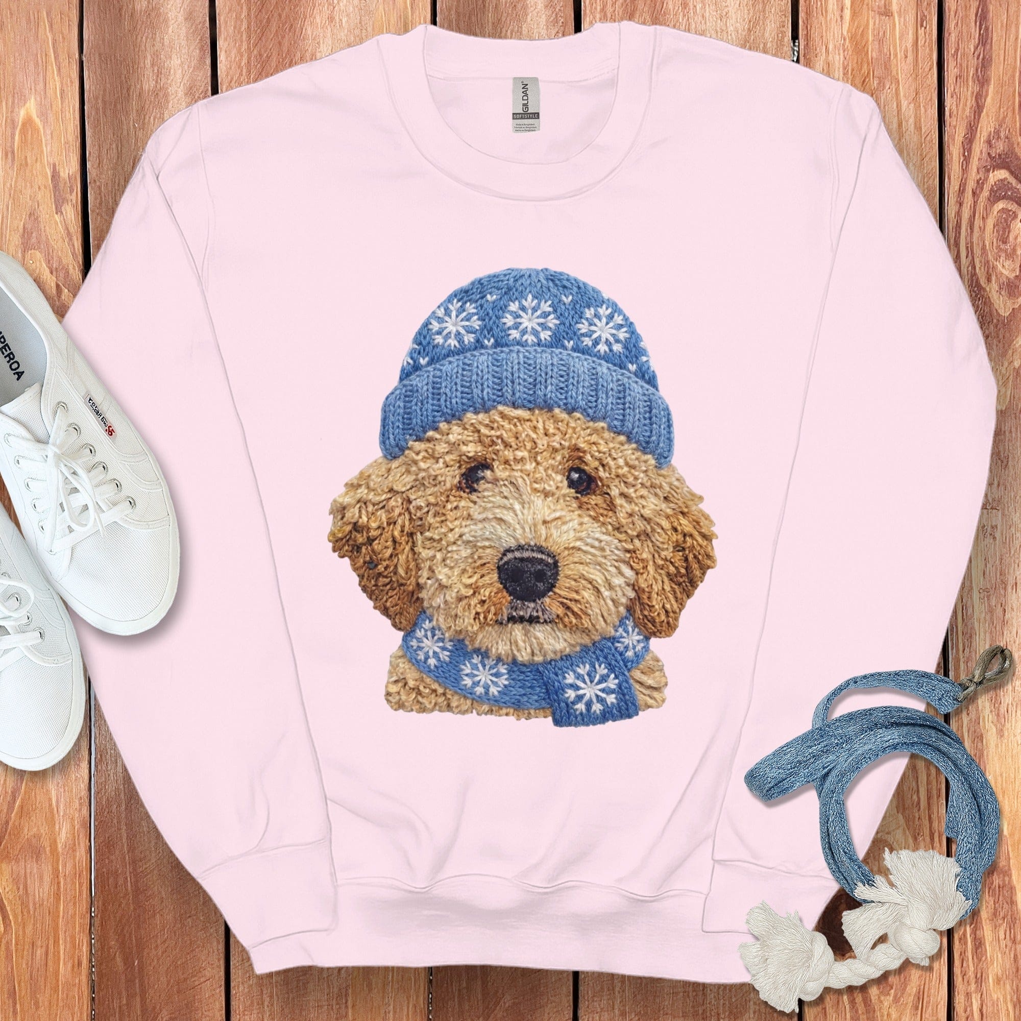 Winter Vibes Golden Goldendoodle Sweatshirt in Light Pink / S by Puppy Jo
