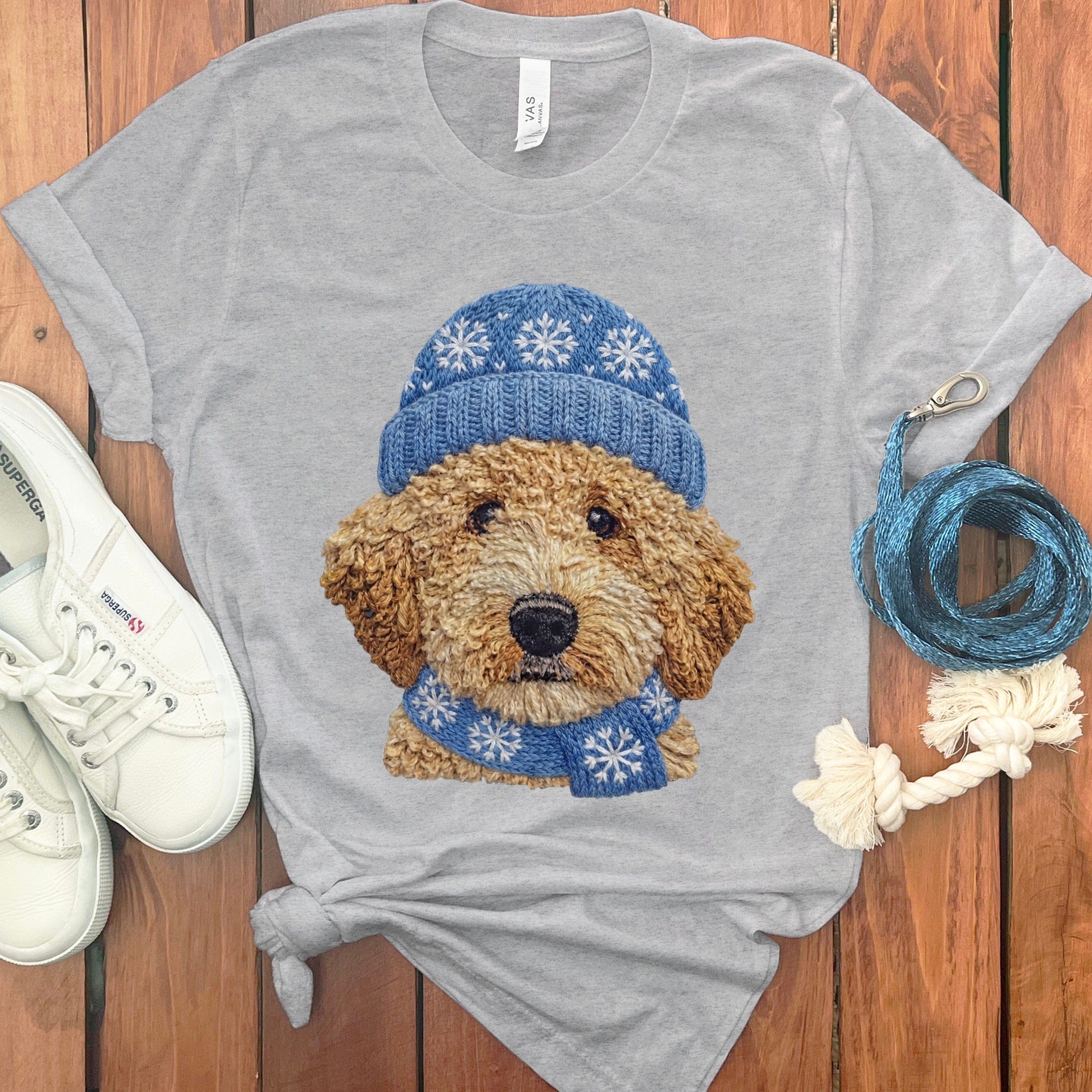 Winter Vibes Golden Goldendoodle T-Shirt in Athletic Heather / S by Puppy Jo