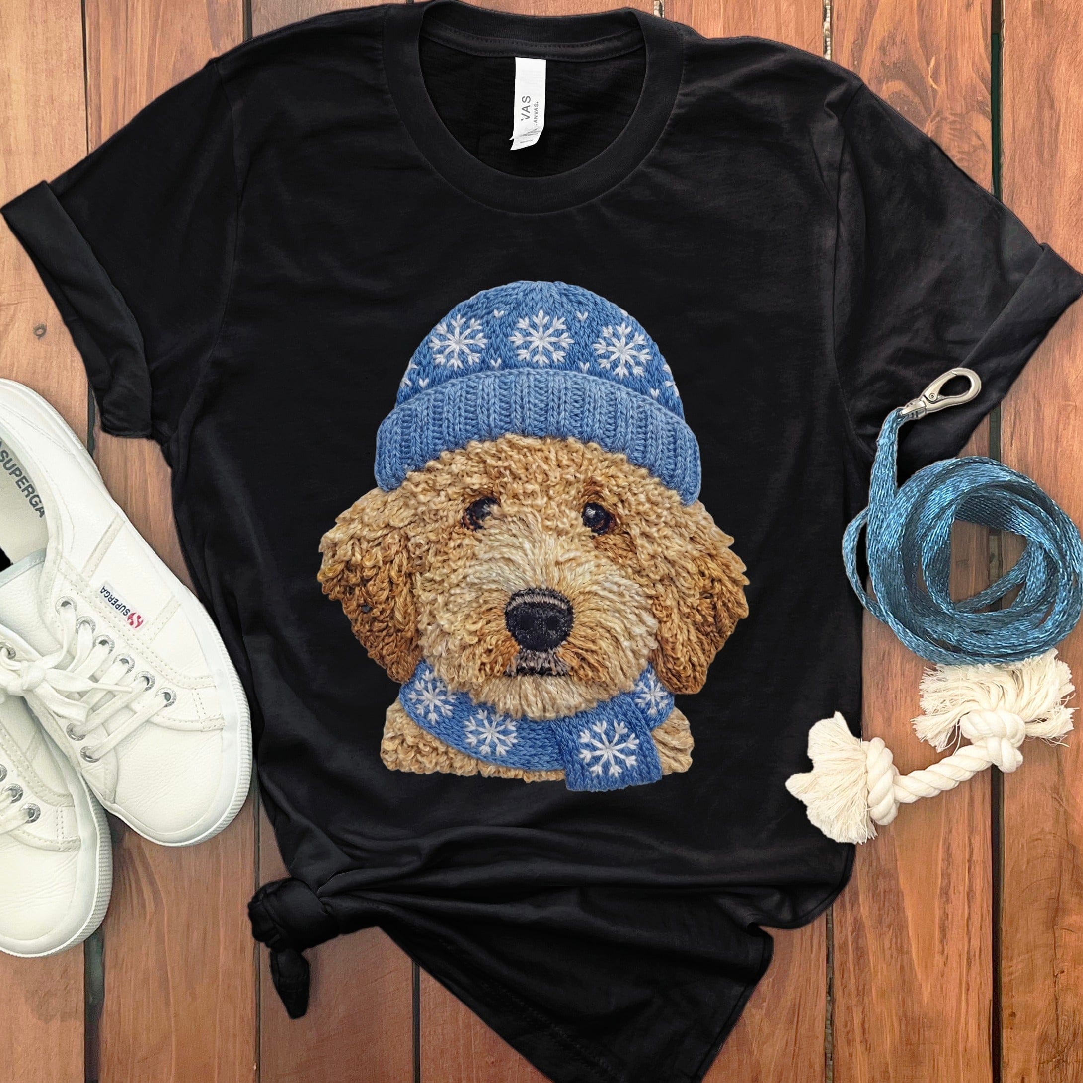 Winter Vibes Golden Goldendoodle T-Shirt in Black / S by Puppy Jo