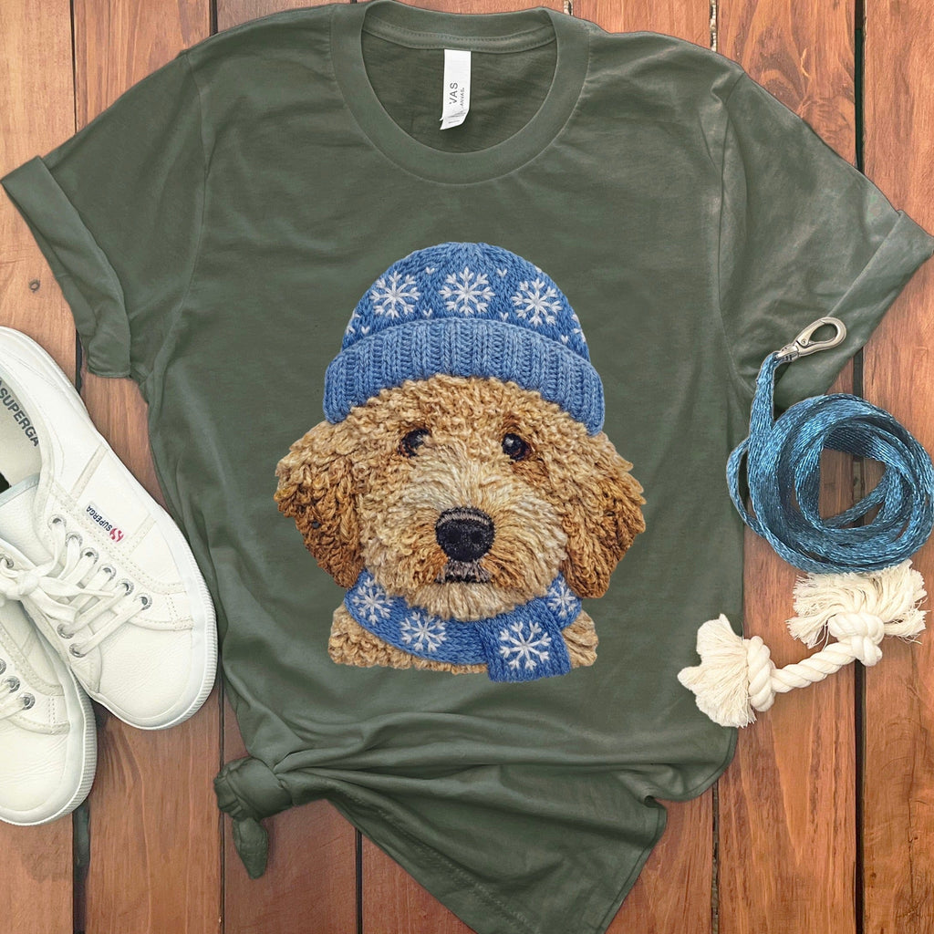 Winter Vibes Golden Goldendoodle T-Shirt in Military Green / S by Puppy Jo