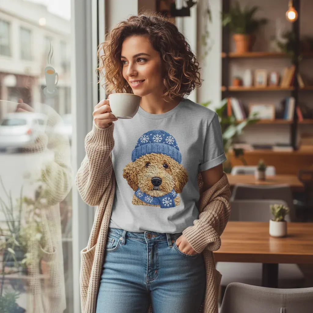 Winter Vibes Golden Goldendoodle T-Shirt in by Puppy Jo