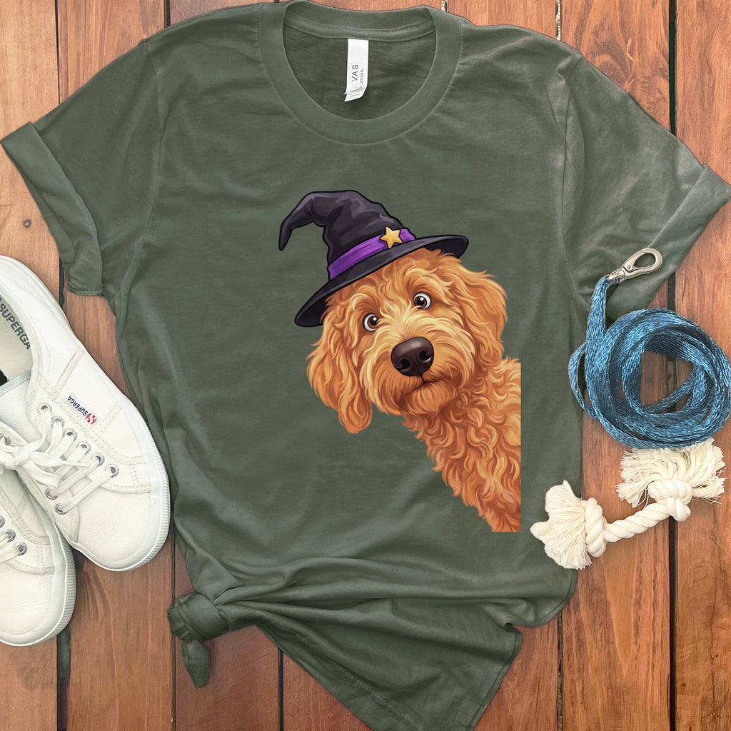 Witchy Apricot Goldendoodle T-Shirt in Military Green / S by Puppy Jo