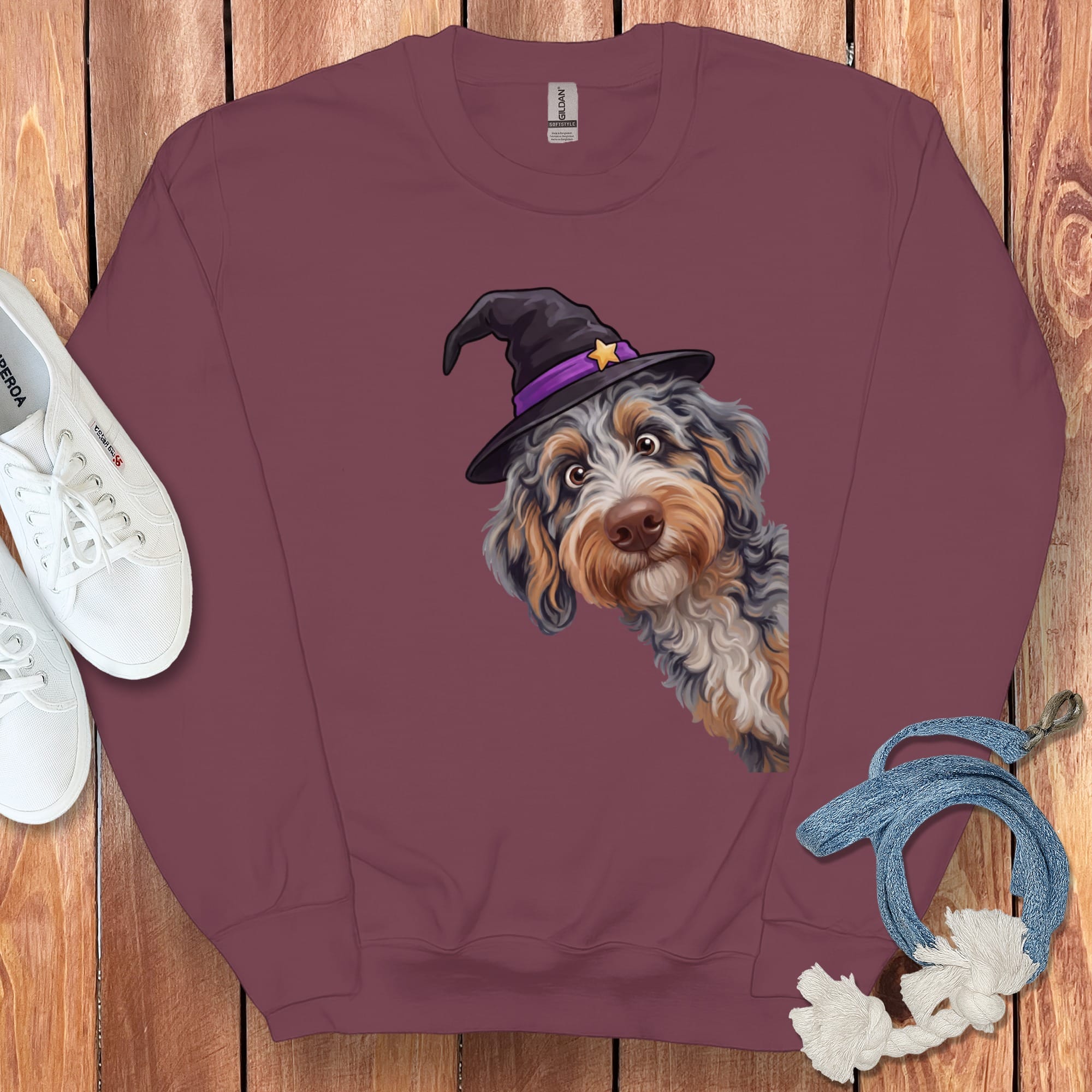 Witchy Aussiedoodle Sweatshirt in Maroon / M by Puppy Jo
