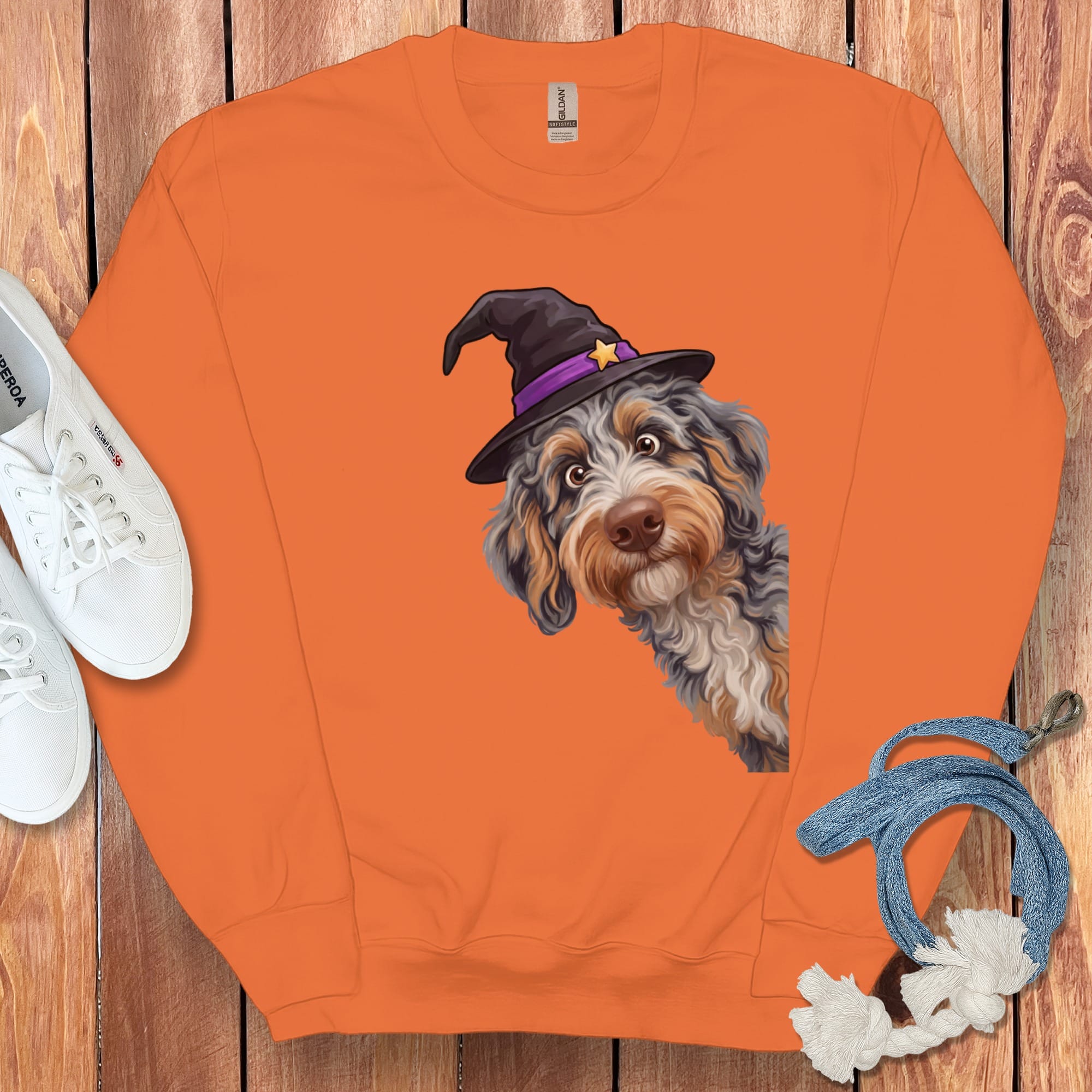 Witchy Aussiedoodle Sweatshirt in Orange / M by Puppy Jo