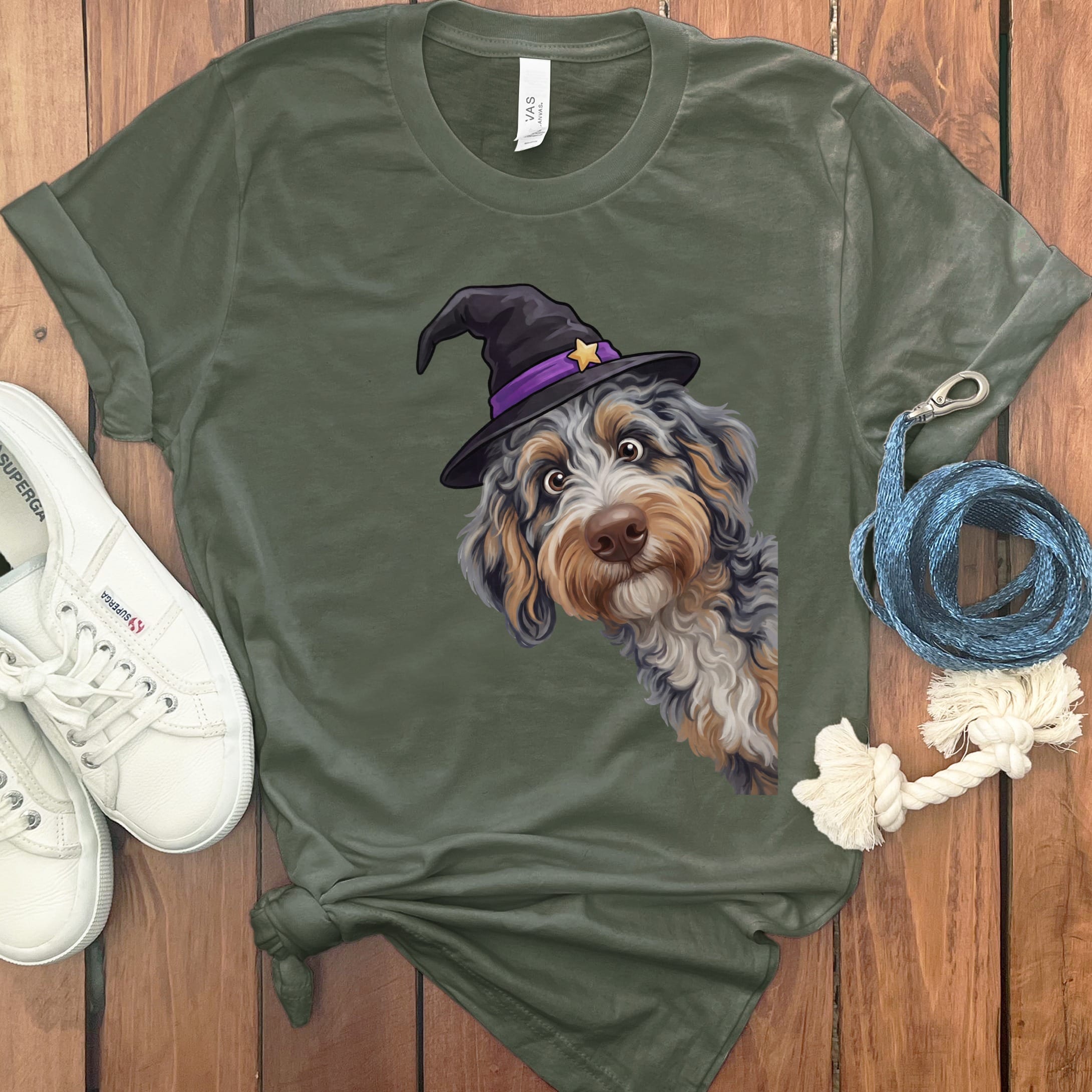 Witchy Aussiedoodle T-Shirt in Military Green / M by Puppy Jo