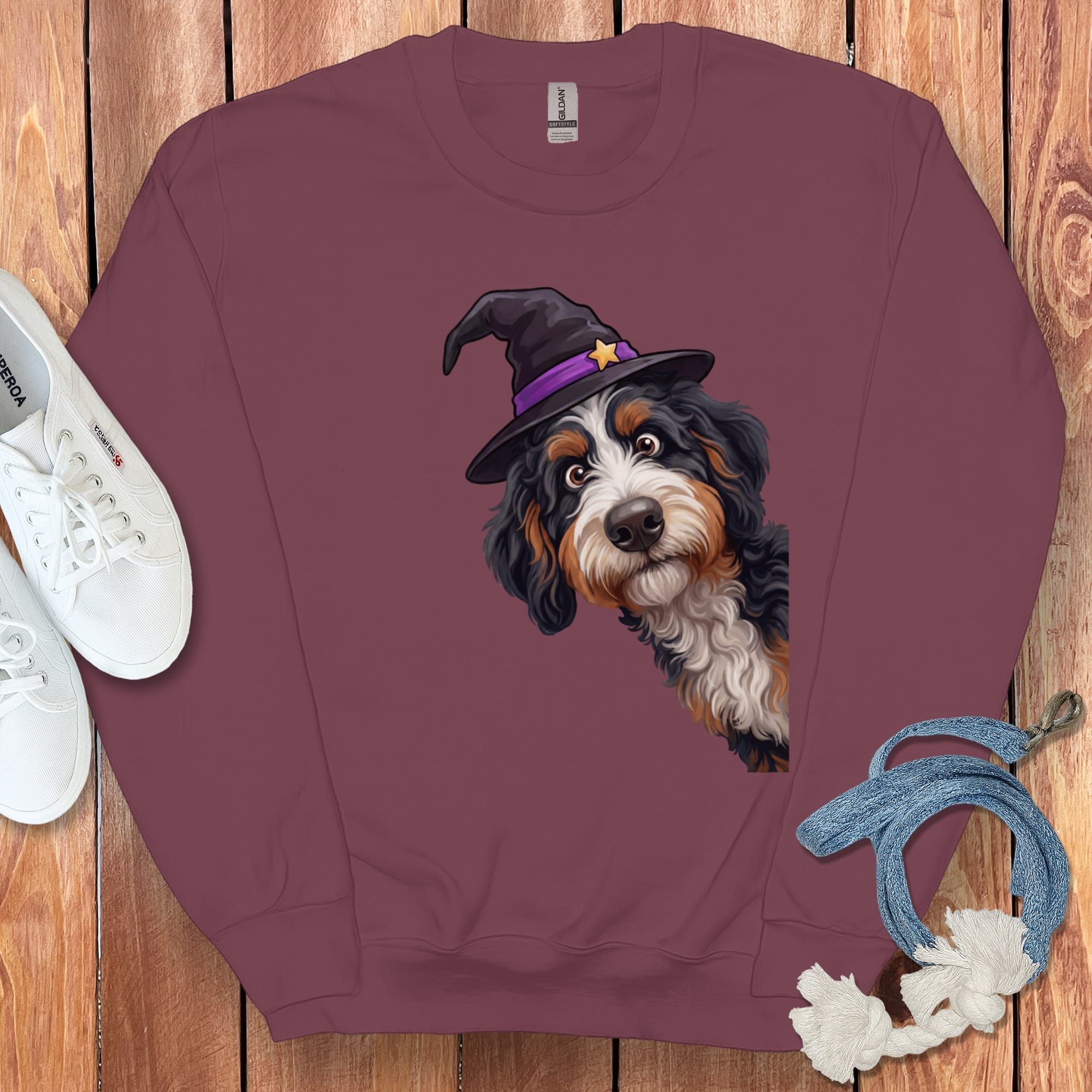 Witchy Bernedoodle Sweatshirt in Maroon / S by Puppy Jo