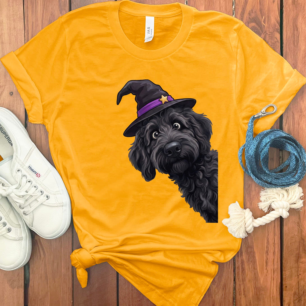 Witchy Black Goldendoodle T-Shirt in Gold / M by Puppy Jo