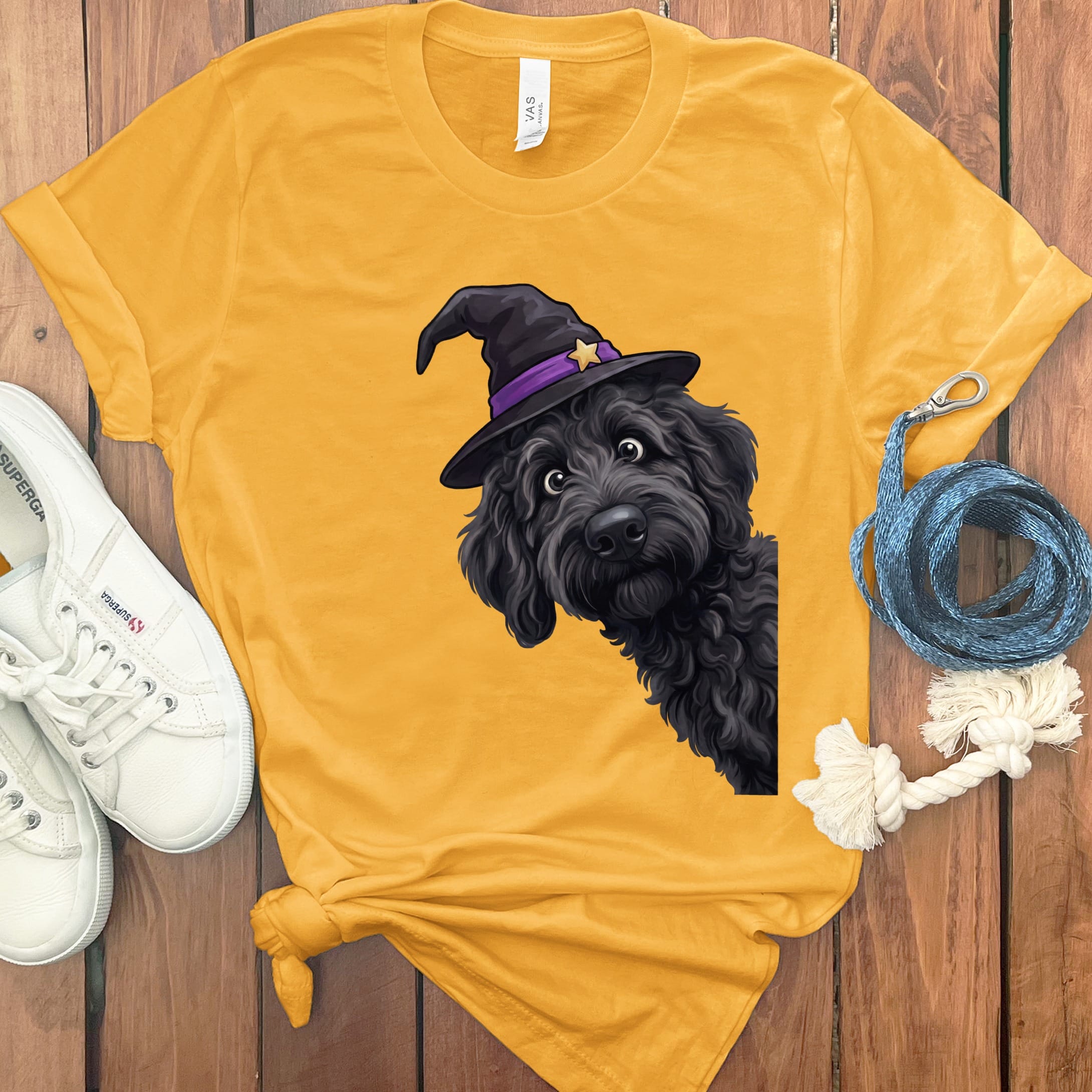 Witchy Black Goldendoodle T-Shirt in Gold / M by Puppy Jo