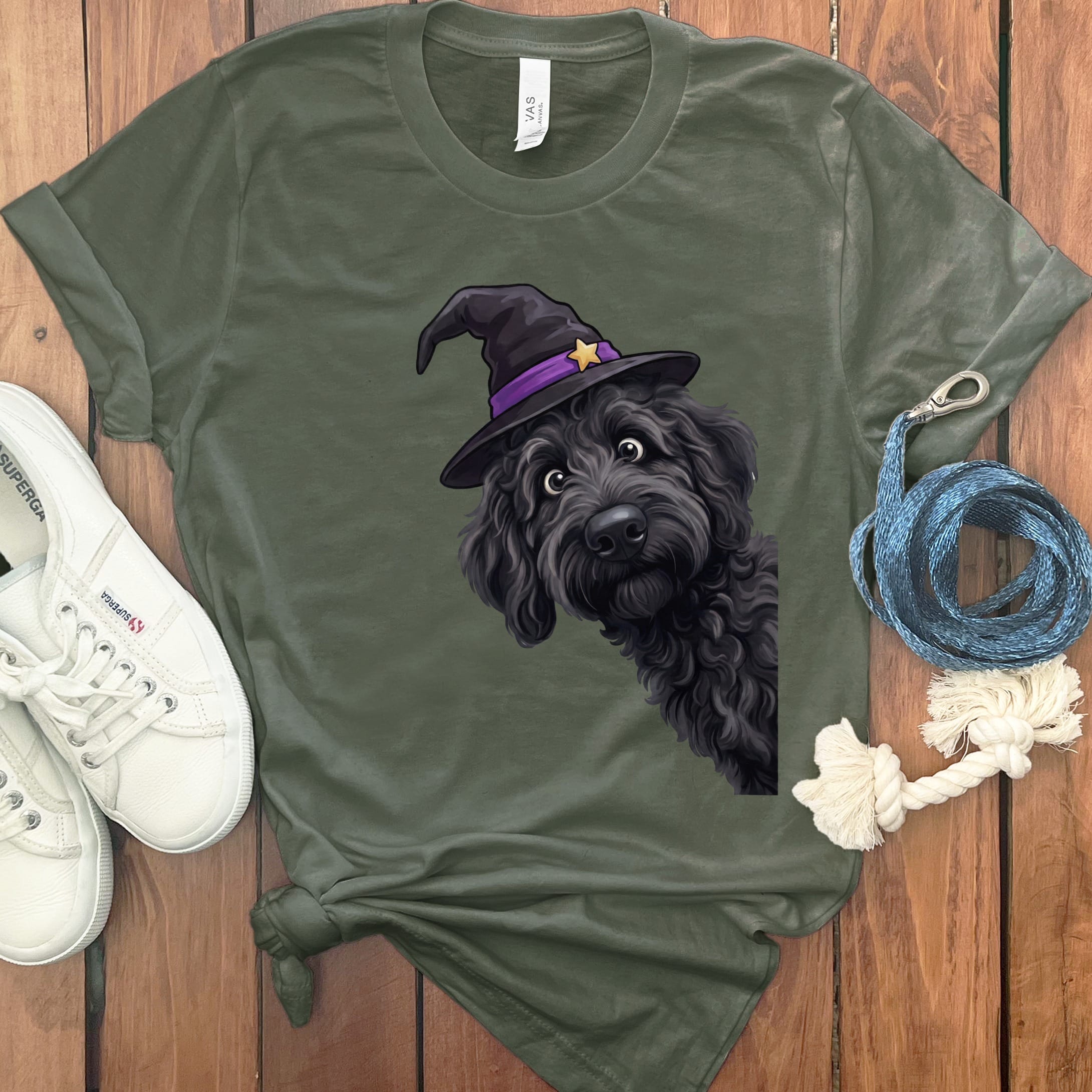 Witchy Black Goldendoodle T-Shirt in Military Green / M by Puppy Jo