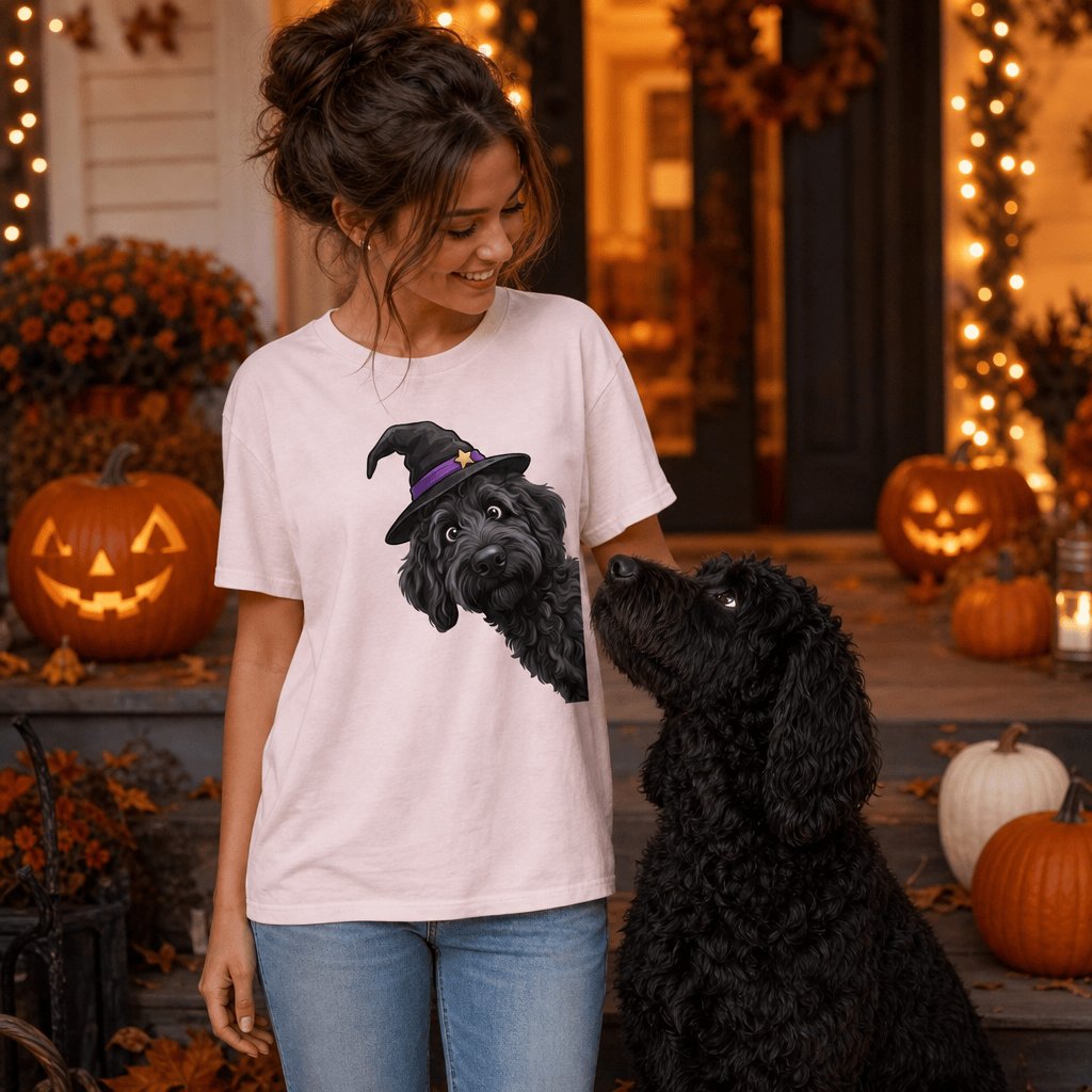 Witchy Black Goldendoodle T-Shirt in by Puppy Jo