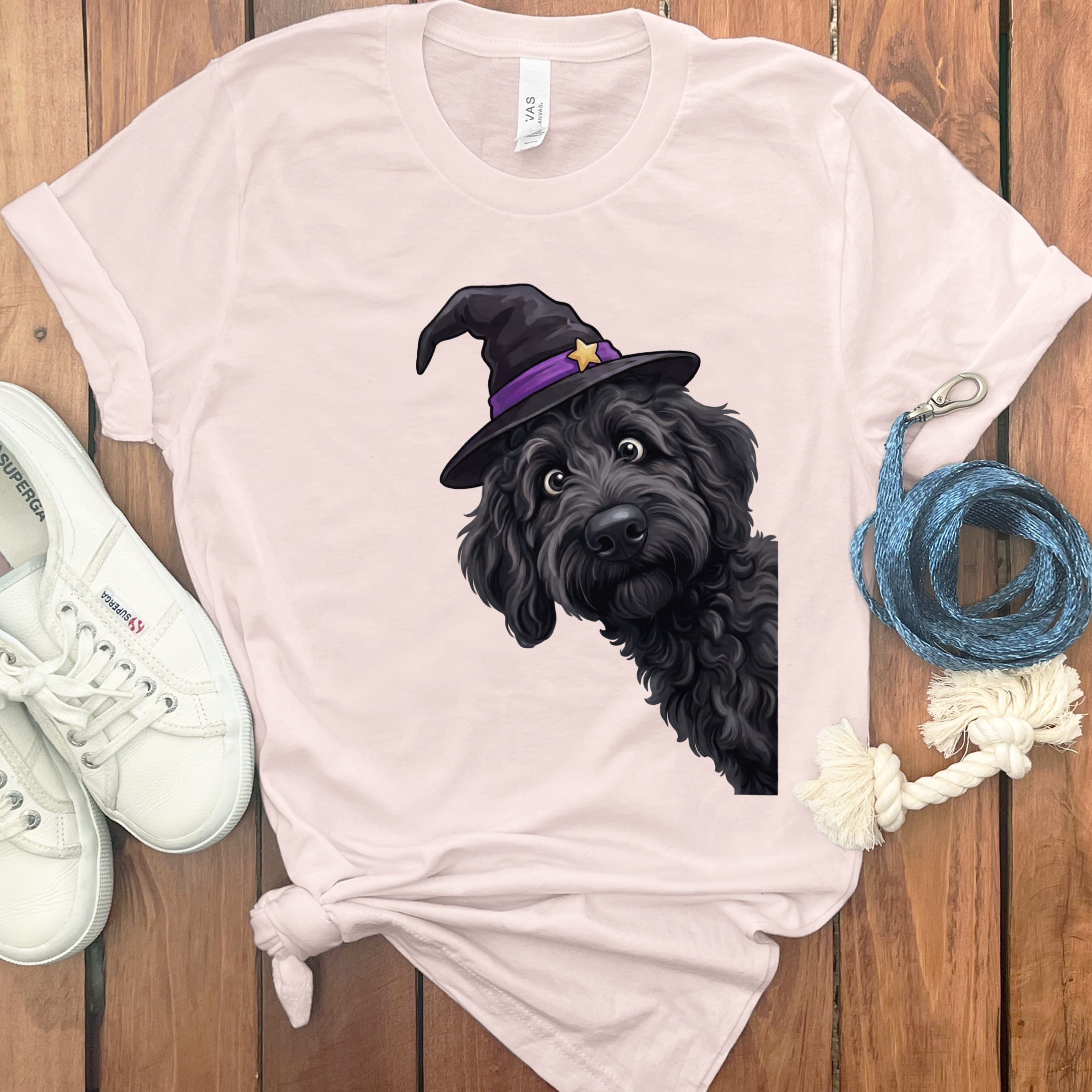 Witchy Black Goldendoodle T-Shirt in Soft Pink / M by Puppy Jo