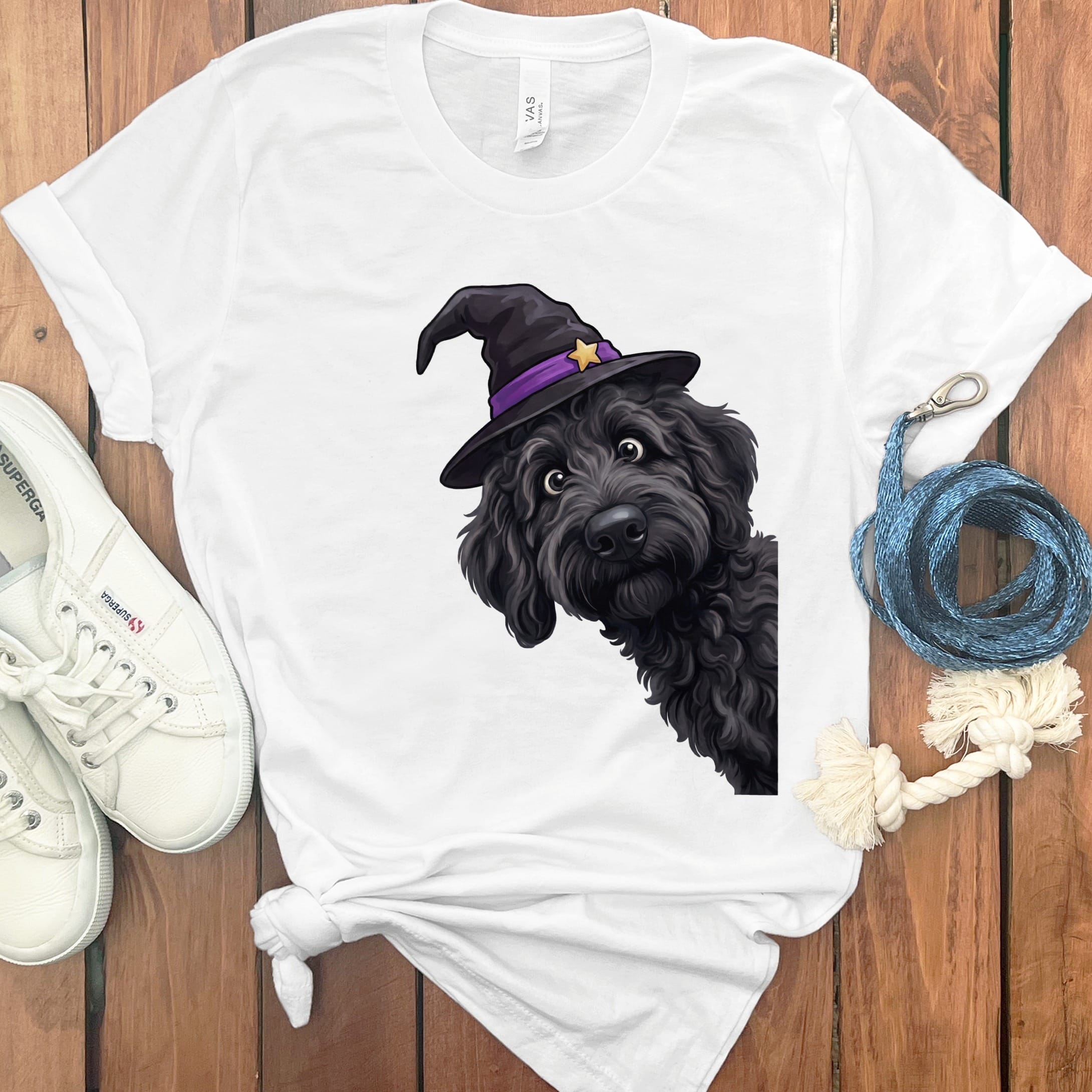 Witchy Black Goldendoodle T-Shirt in White / M by Puppy Jo