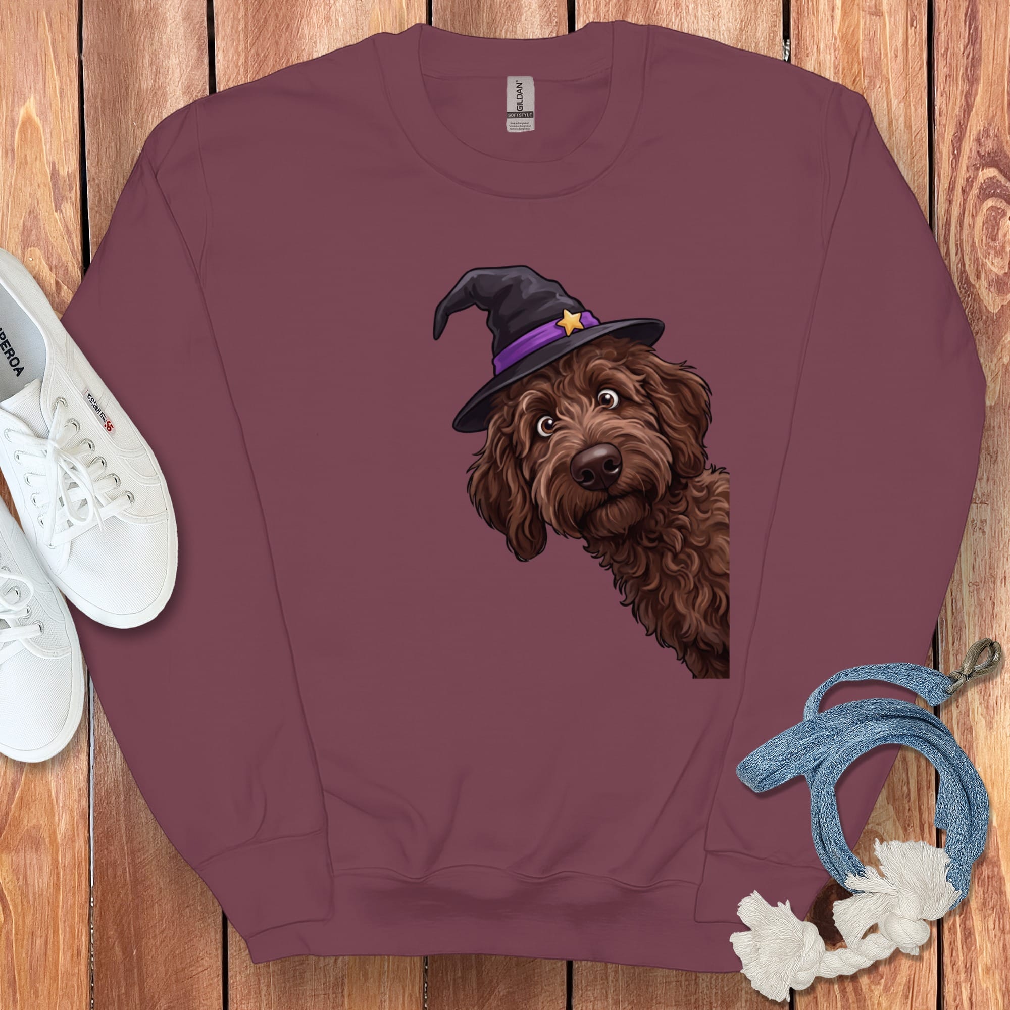 Witchy Chocolate Goldendoodle Sweatshirt in Maroon / M by Puppy Jo
