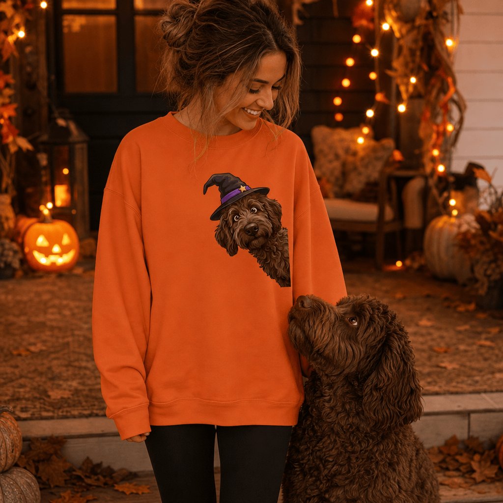 Witchy Chocolate Goldendoodle Sweatshirt in by Puppy Jo