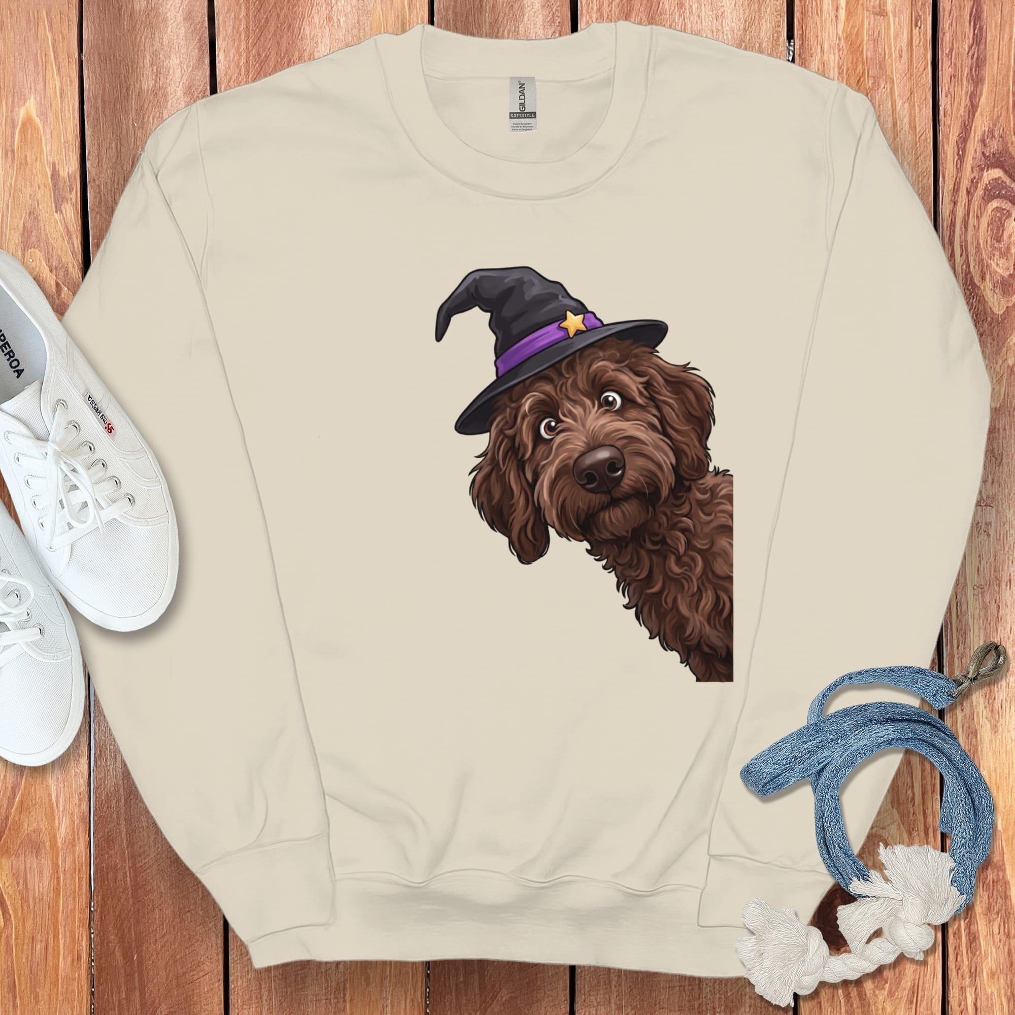 Witchy Chocolate Goldendoodle Sweatshirt in Sand / M by Puppy Jo