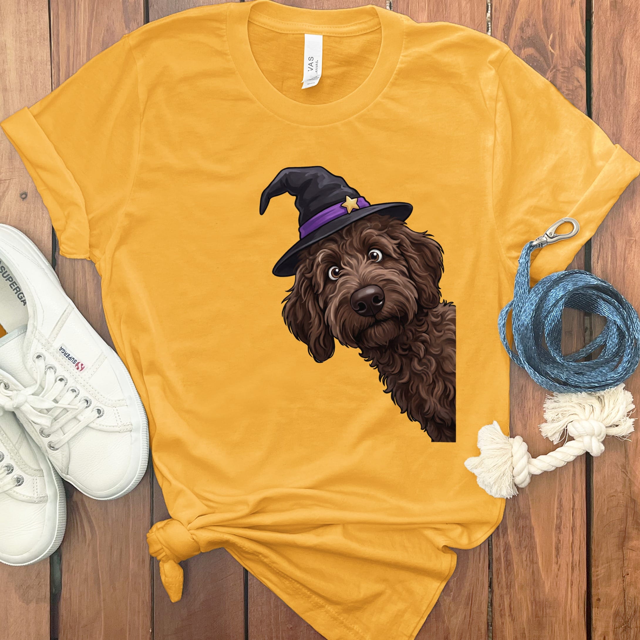 Witchy Chocolate Goldendoodle T-Shirt in Gold / M by Puppy Jo