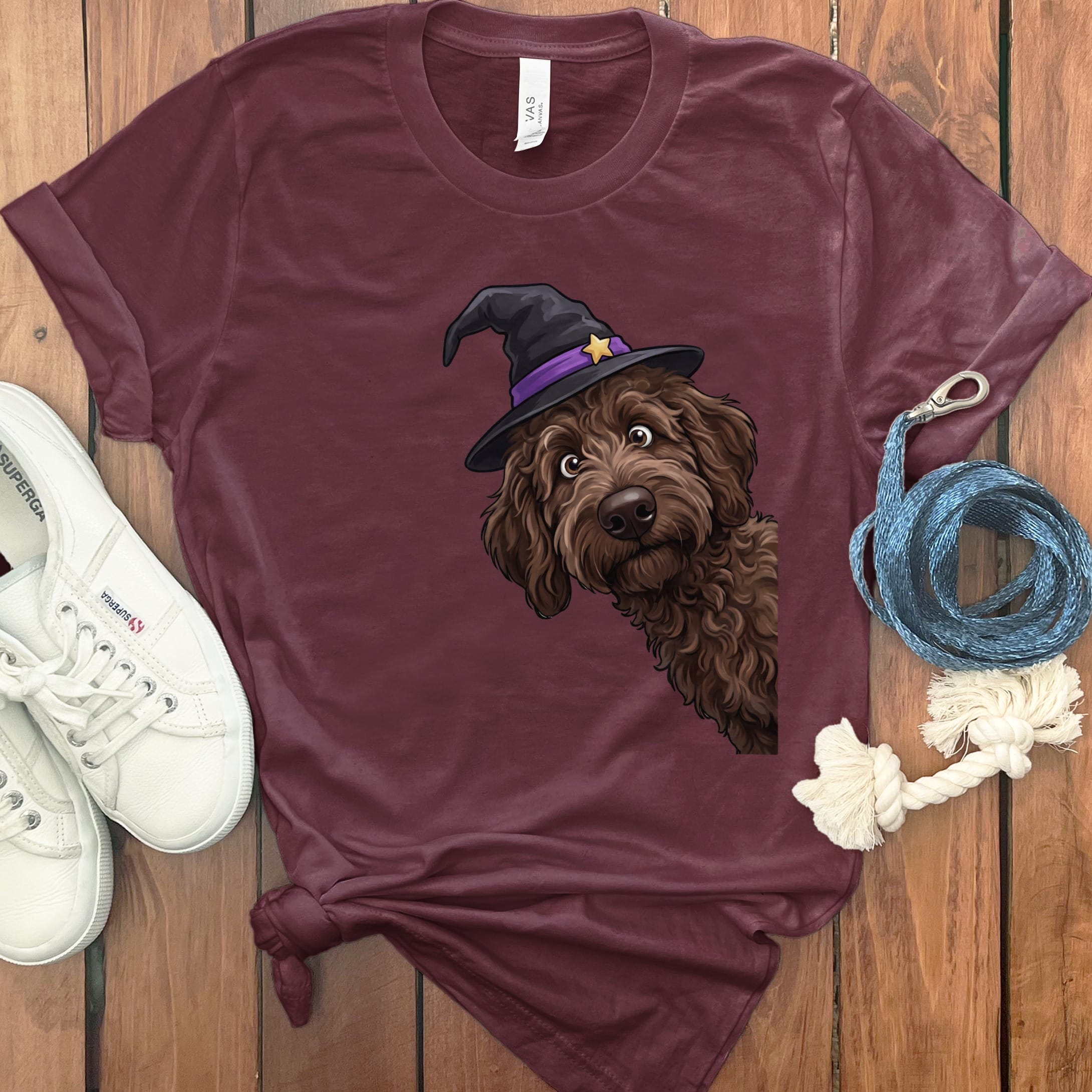 Witchy Chocolate Goldendoodle T-Shirt in Maroon / M by Puppy Jo