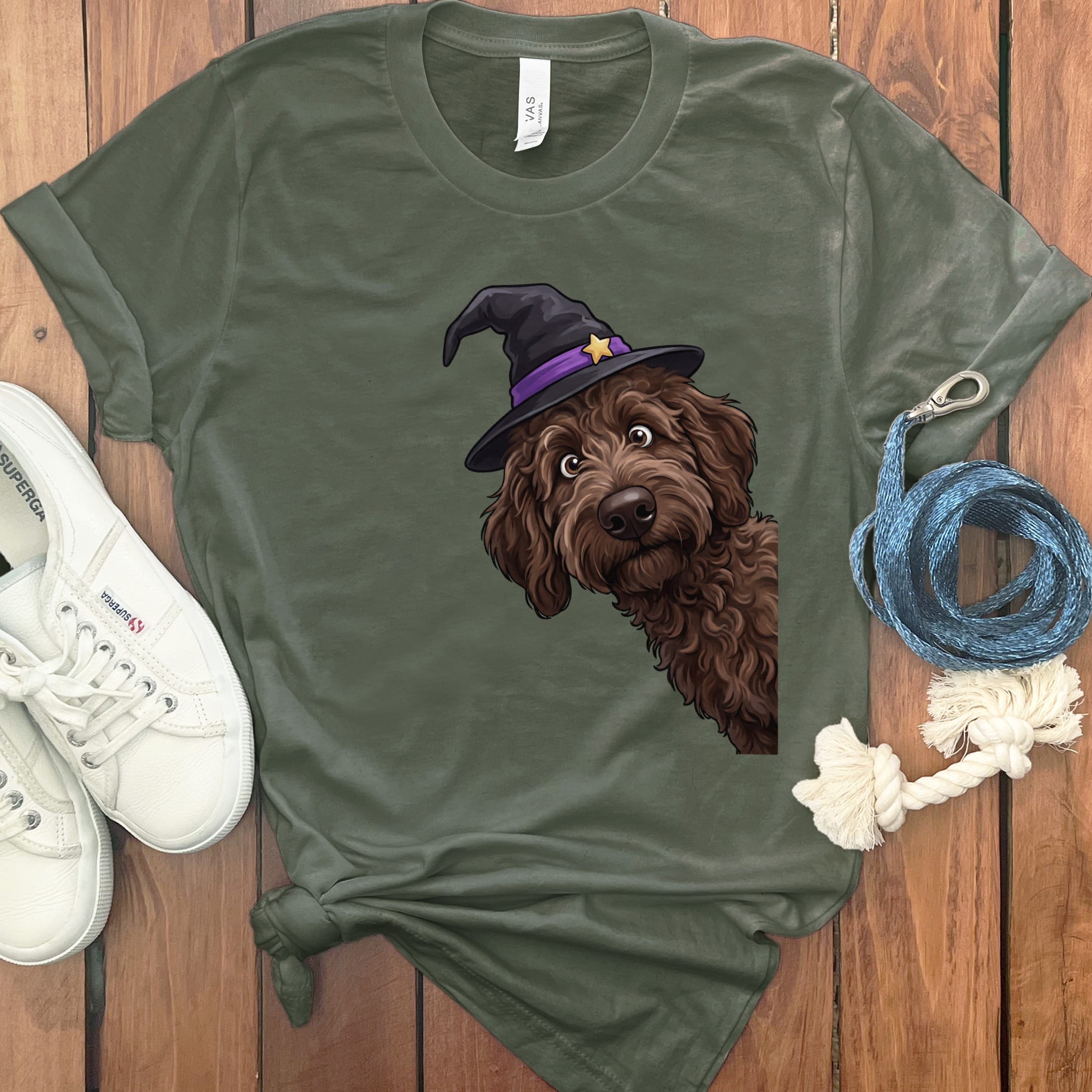 Witchy Chocolate Goldendoodle T-Shirt in Military Green / M by Puppy Jo