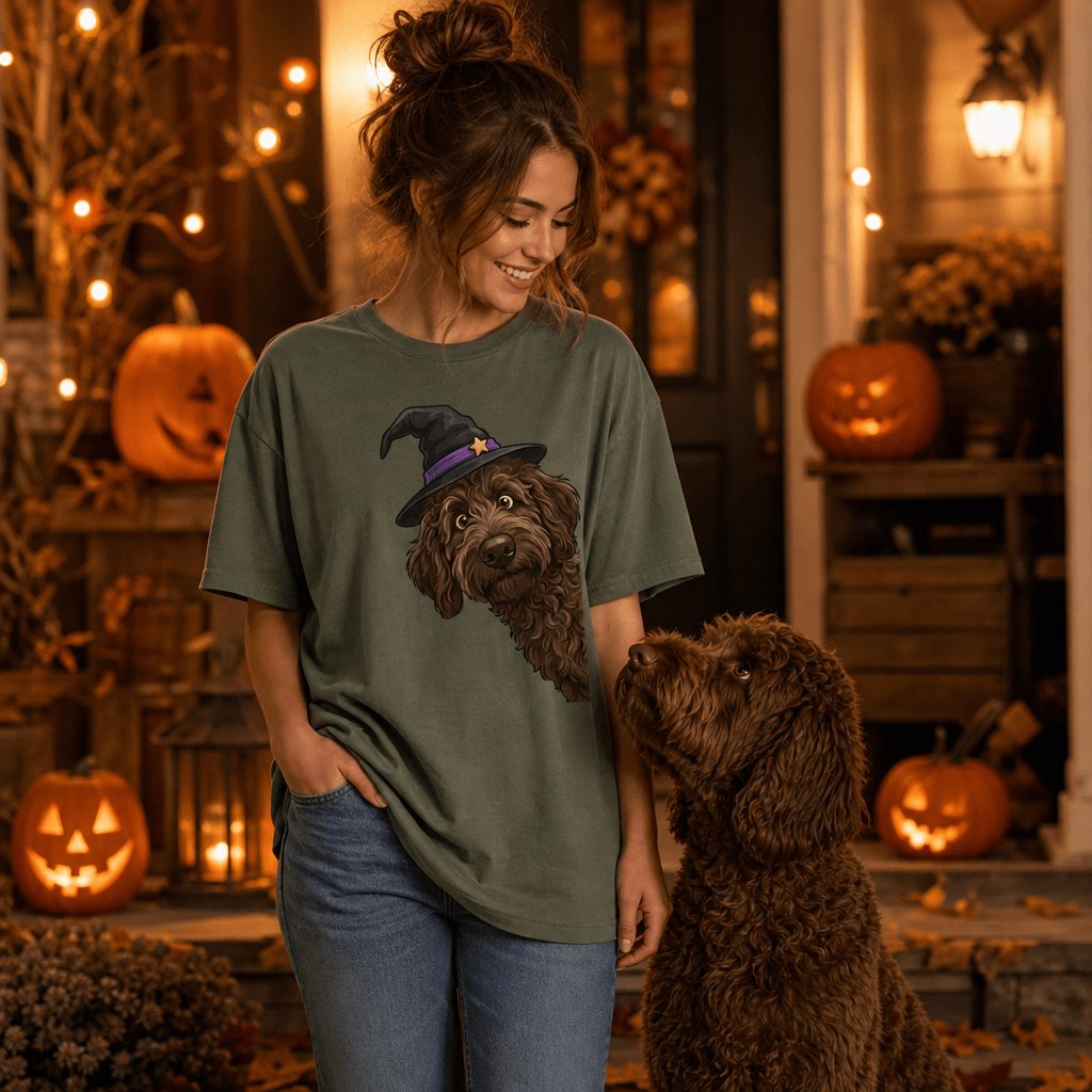 Witchy Chocolate Goldendoodle T-Shirt in by Puppy Jo