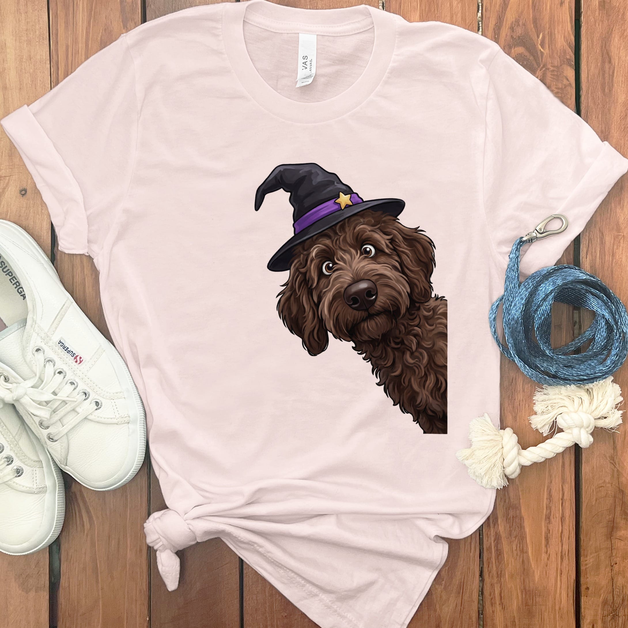 Witchy Chocolate Goldendoodle T-Shirt in Soft Pink / M by Puppy Jo