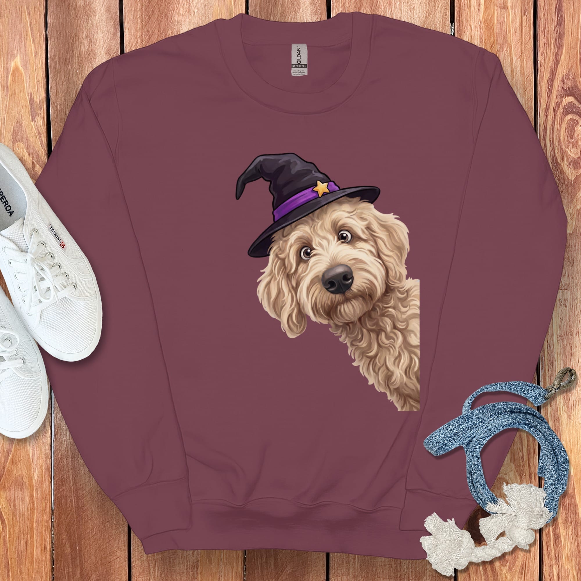 Witchy Cream Goldendoodle Sweatshirt in Maroon / M by Puppy Jo