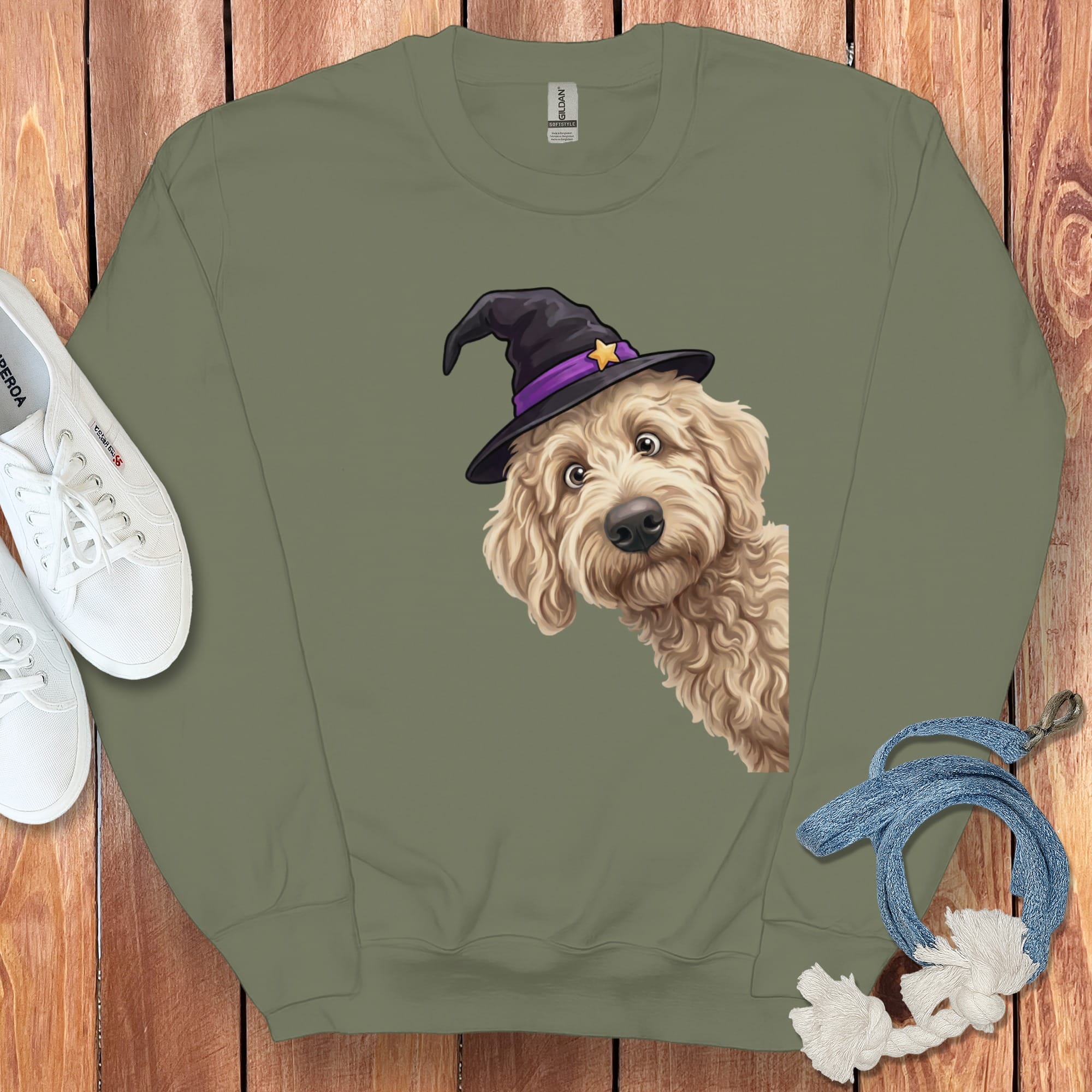Witchy Cream Goldendoodle Sweatshirt in Military Green / M by Puppy Jo