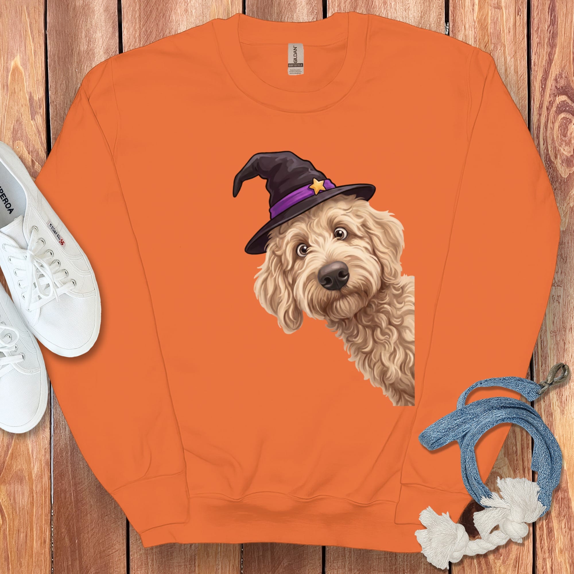 Witchy Cream Goldendoodle Sweatshirt in Orange / M by Puppy Jo