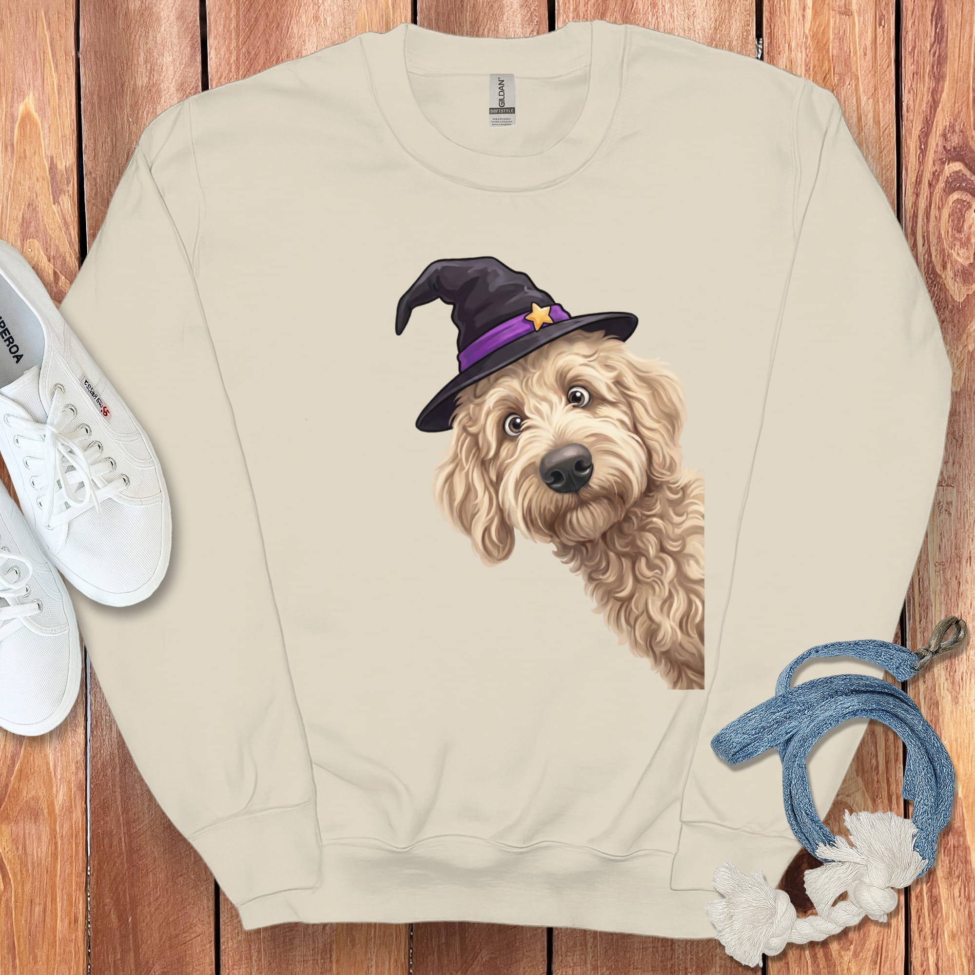 Witchy Cream Goldendoodle Sweatshirt in Sand / M by Puppy Jo