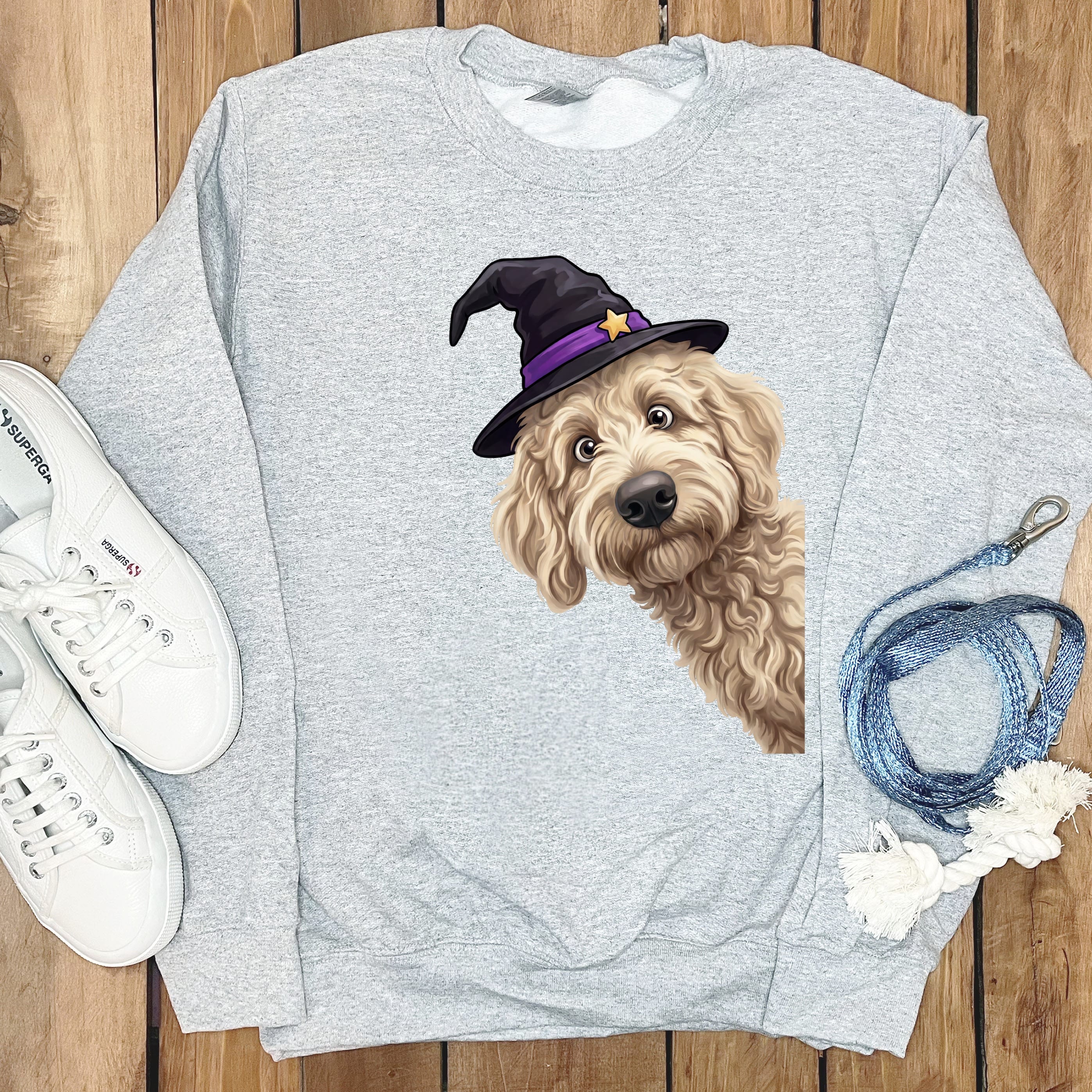 Witchy Cream Goldendoodle Sweatshirt in Sport Grey / M by Puppy Jo