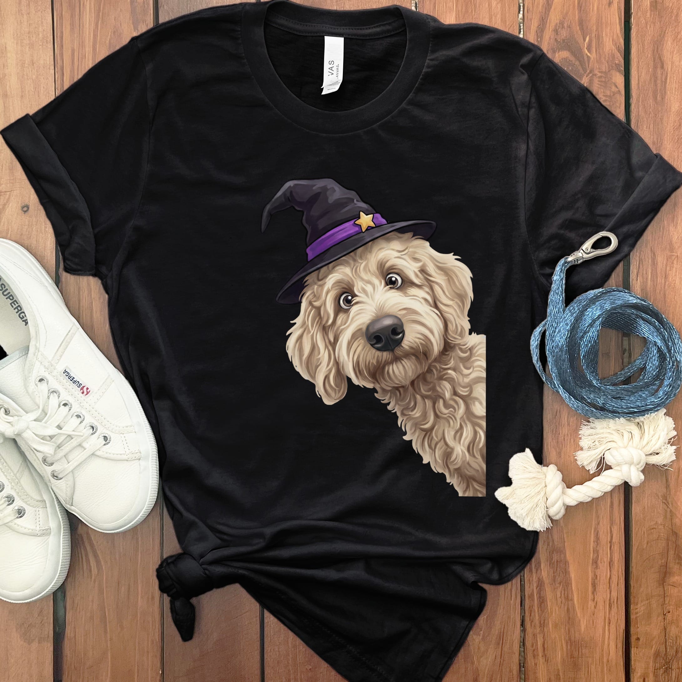 Witchy Cream Goldendoodle T-Shirt in Black / S by Puppy Jo