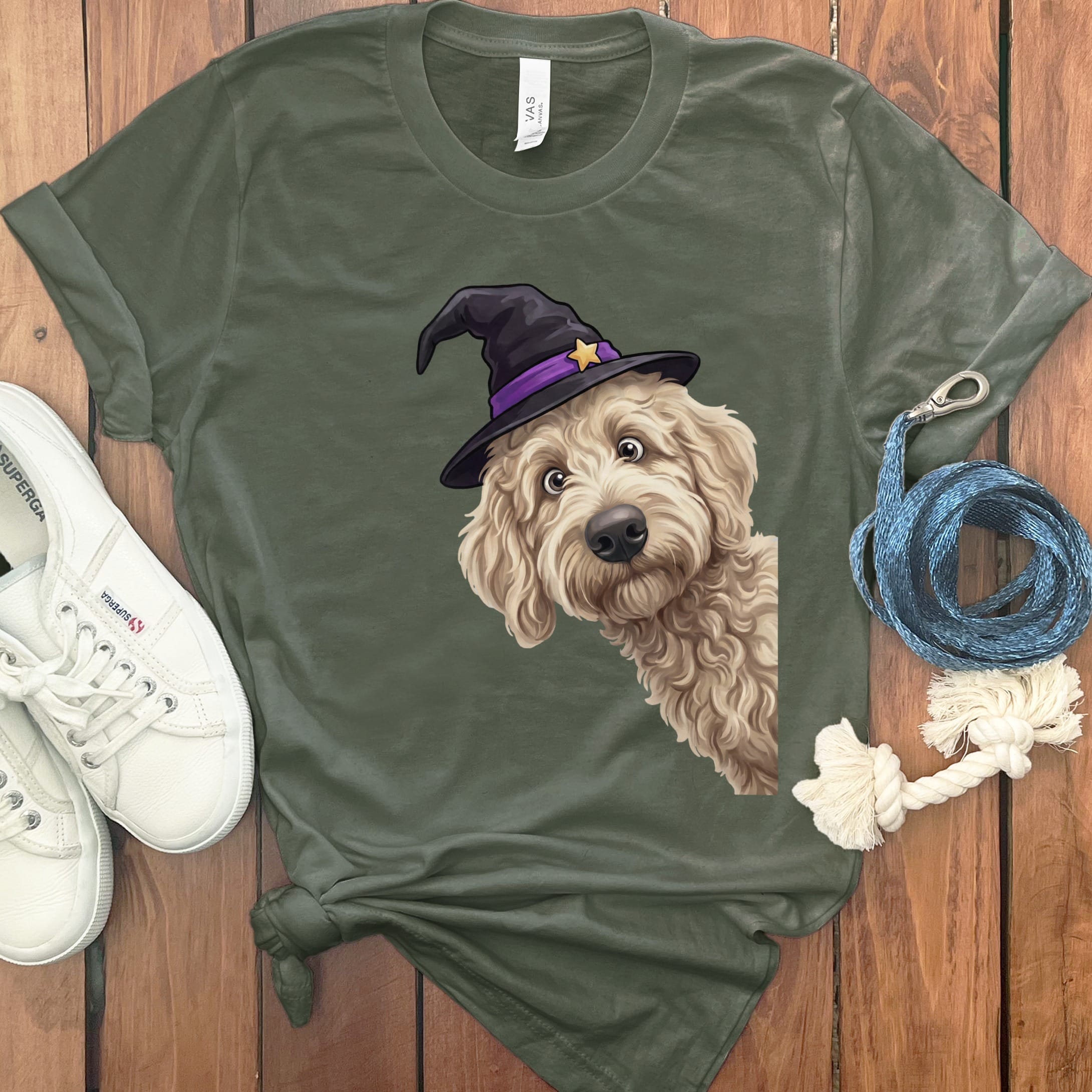 Witchy Cream Goldendoodle T-Shirt in Military Green / S by Puppy Jo