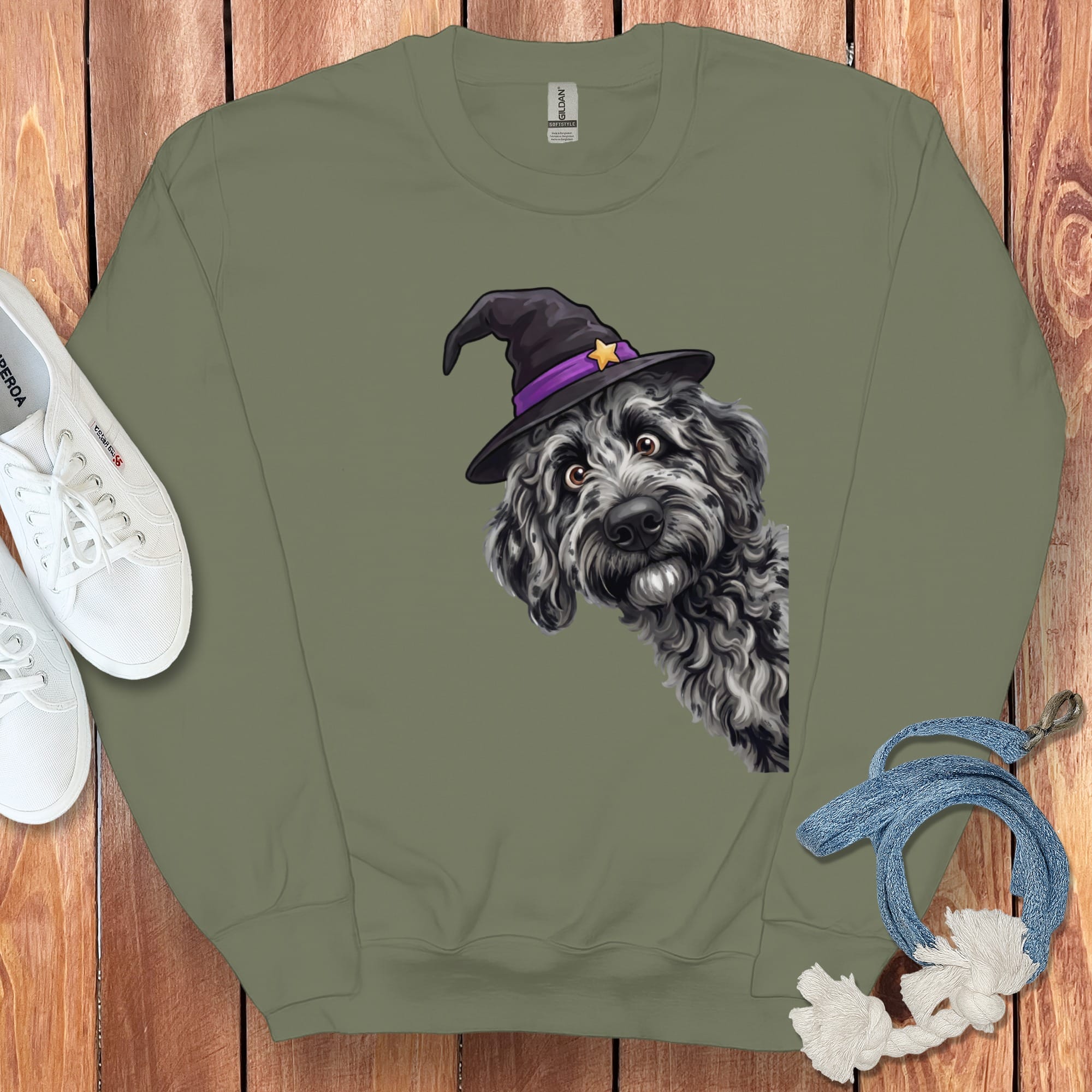Witchy Merle Goldendoodle Sweatshirt in Military Green / M by Puppy Jo