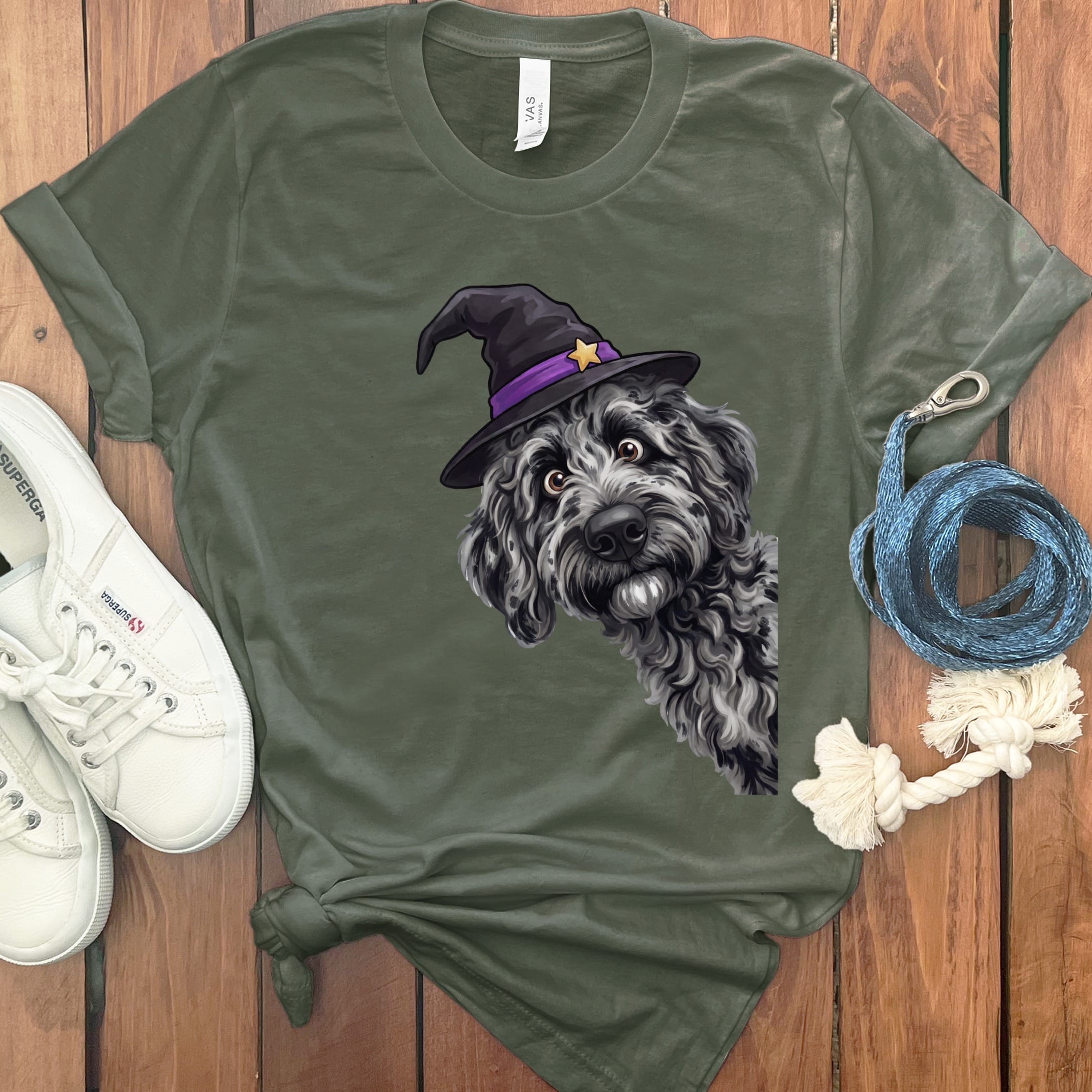 Witchy Merle Goldendoodle T-Shirt in Military Green / M by Puppy Jo