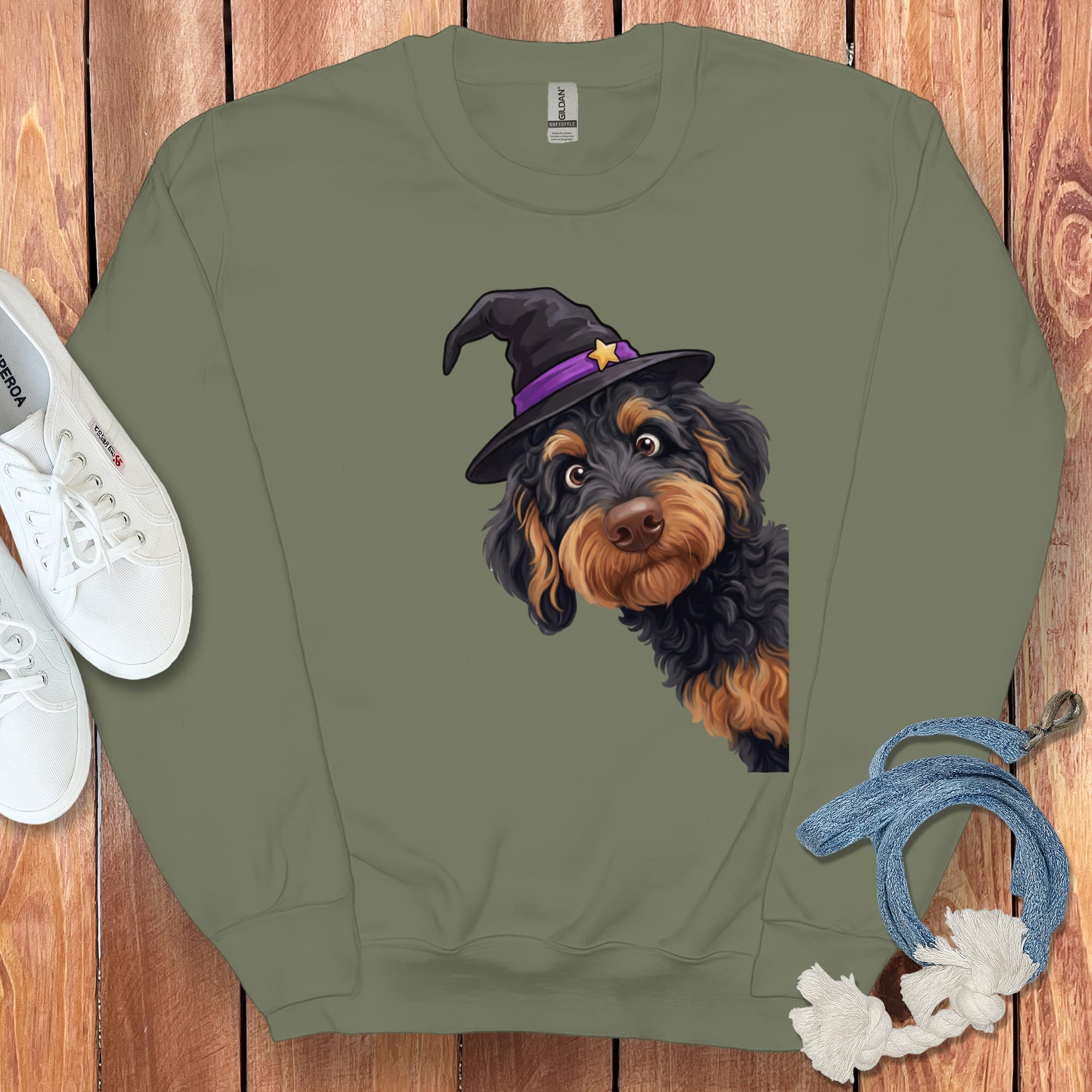 Witchy Phantom Goldendoodle T=Shirt in Military Green / M by Puppy Jo