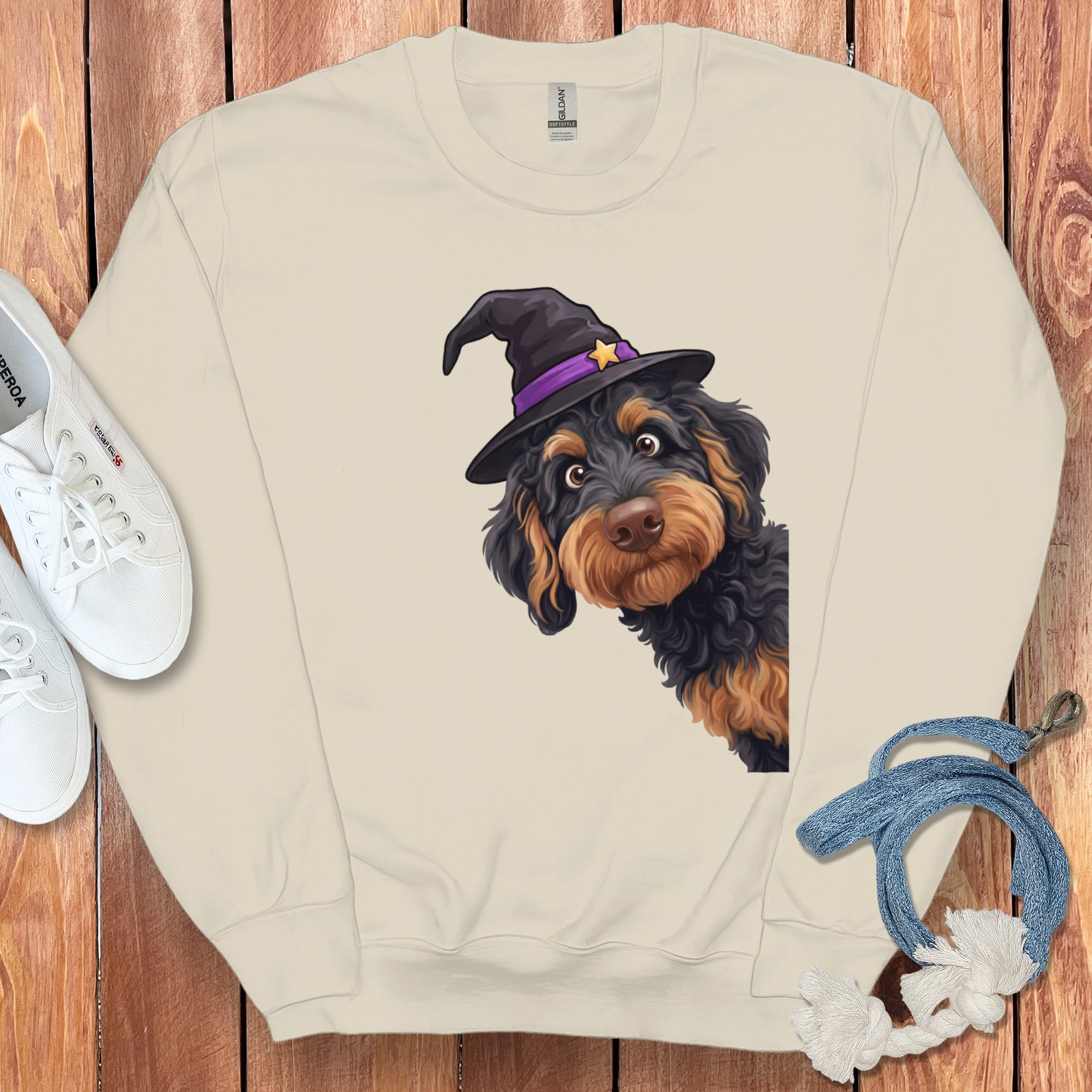 Witchy Phantom Goldendoodle T=Shirt in Sand / M by Puppy Jo