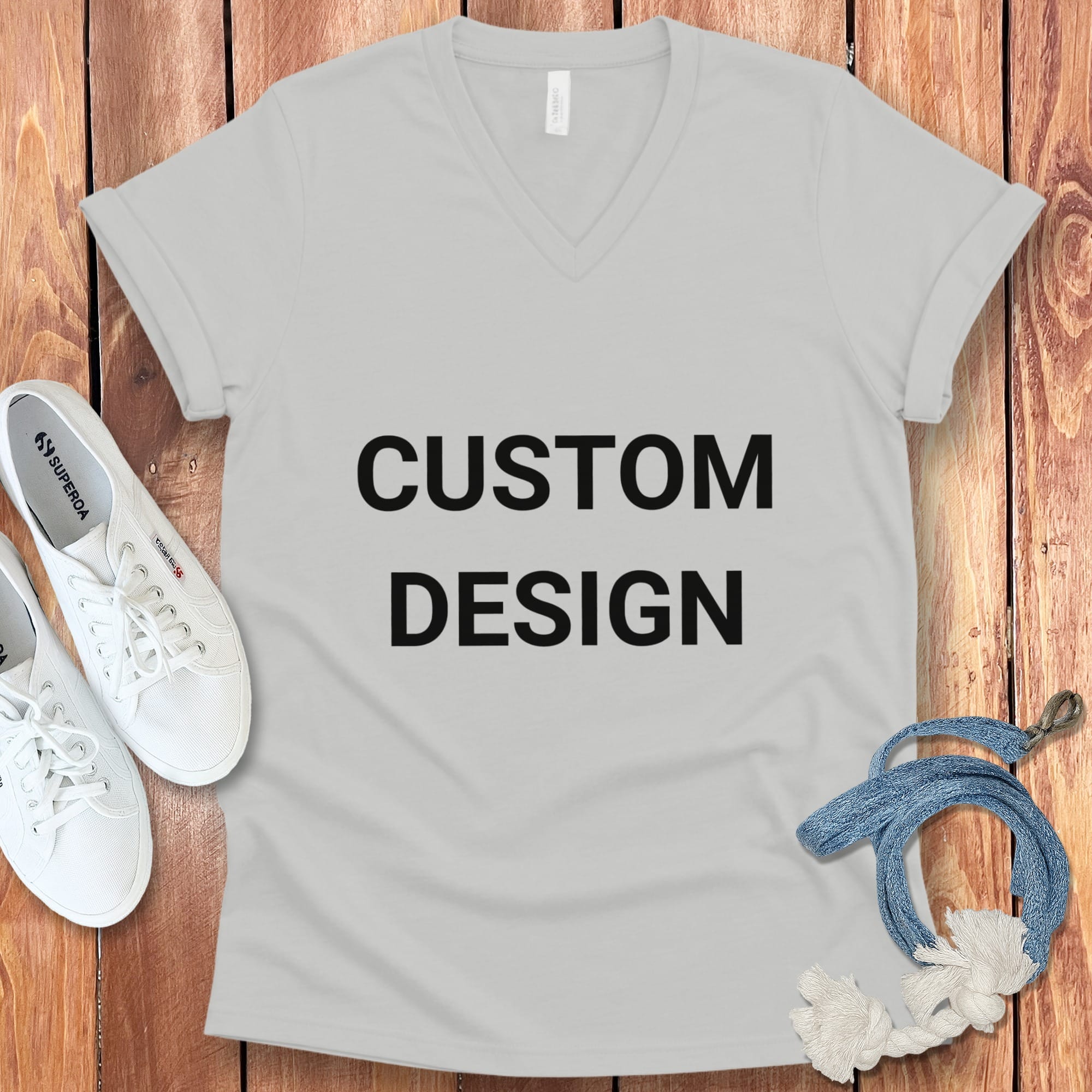 Your Ideas - One of a Kind Design - Custom V-Neck T-Shirt in Athletic Heather / S by Puppy Jo
