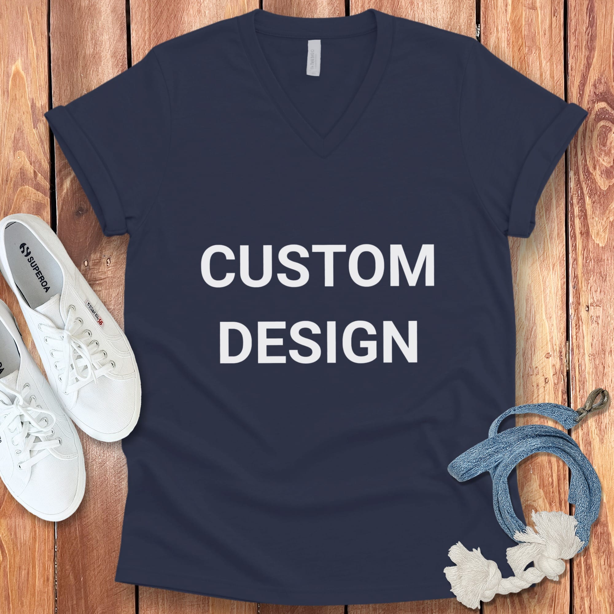 Your Ideas - One of a Kind Design - Custom V-Neck T-Shirt in Navy / S by Puppy Jo