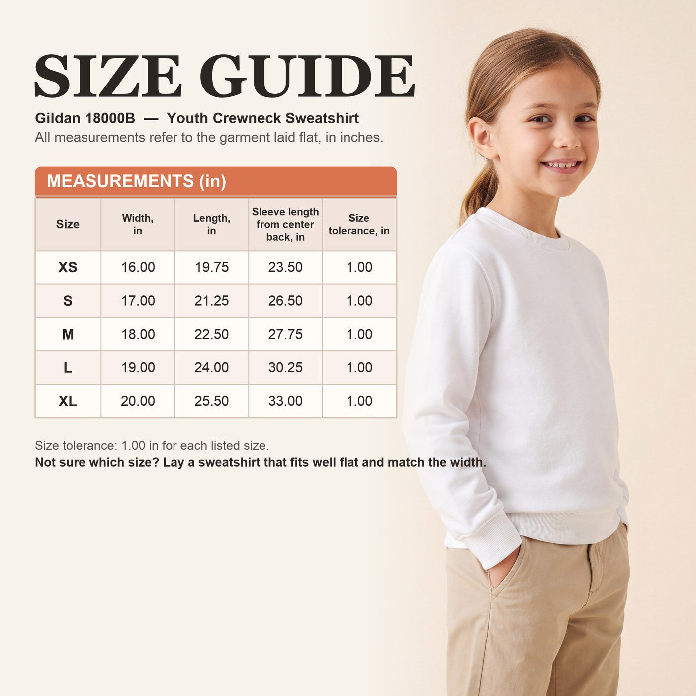 Youth crewneck sweatshirt size chart — width, length and sleeve in inches for XS to XL